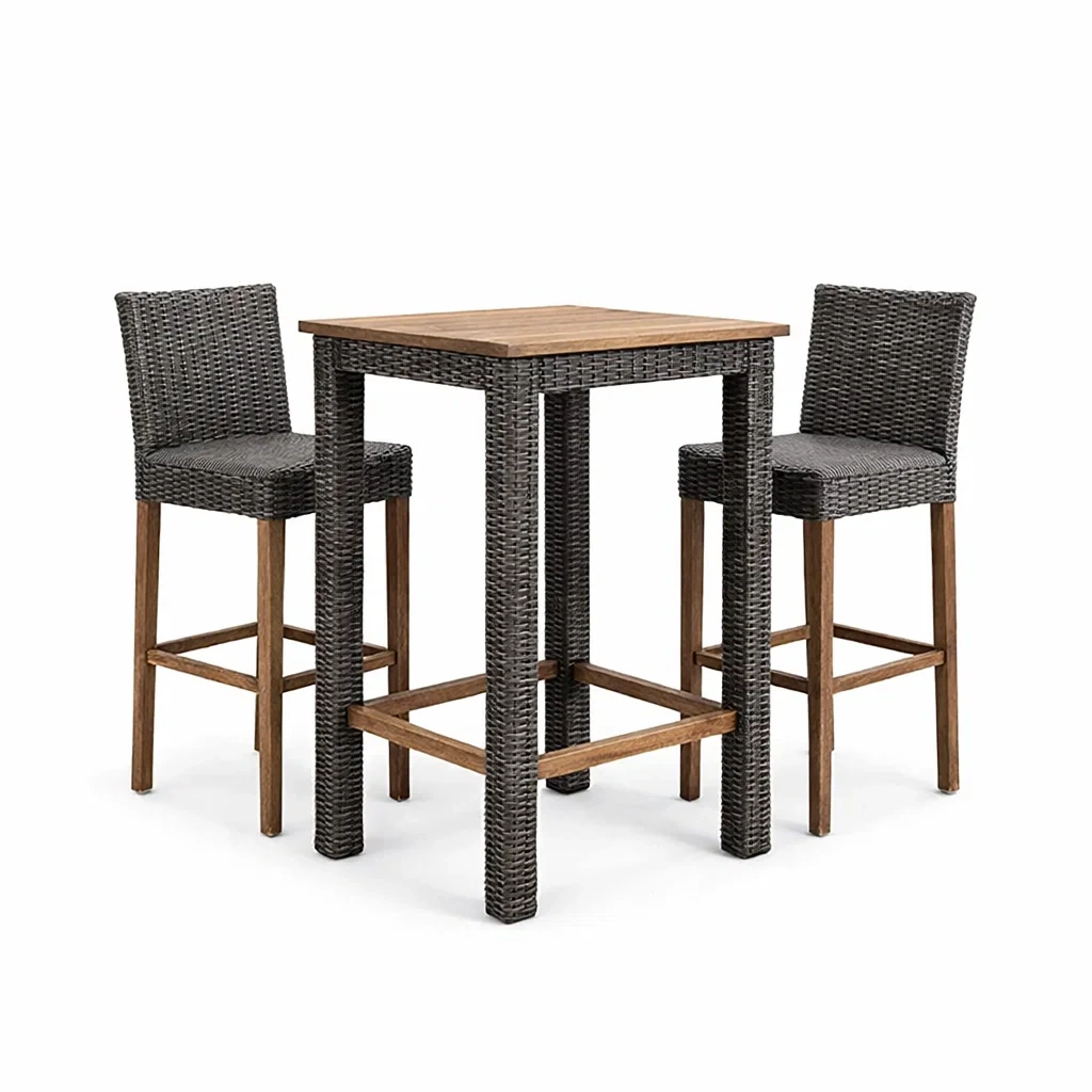Salon de bar pour terrasse en rotin et bois avec 2 chaises-LUXERETREATHOME