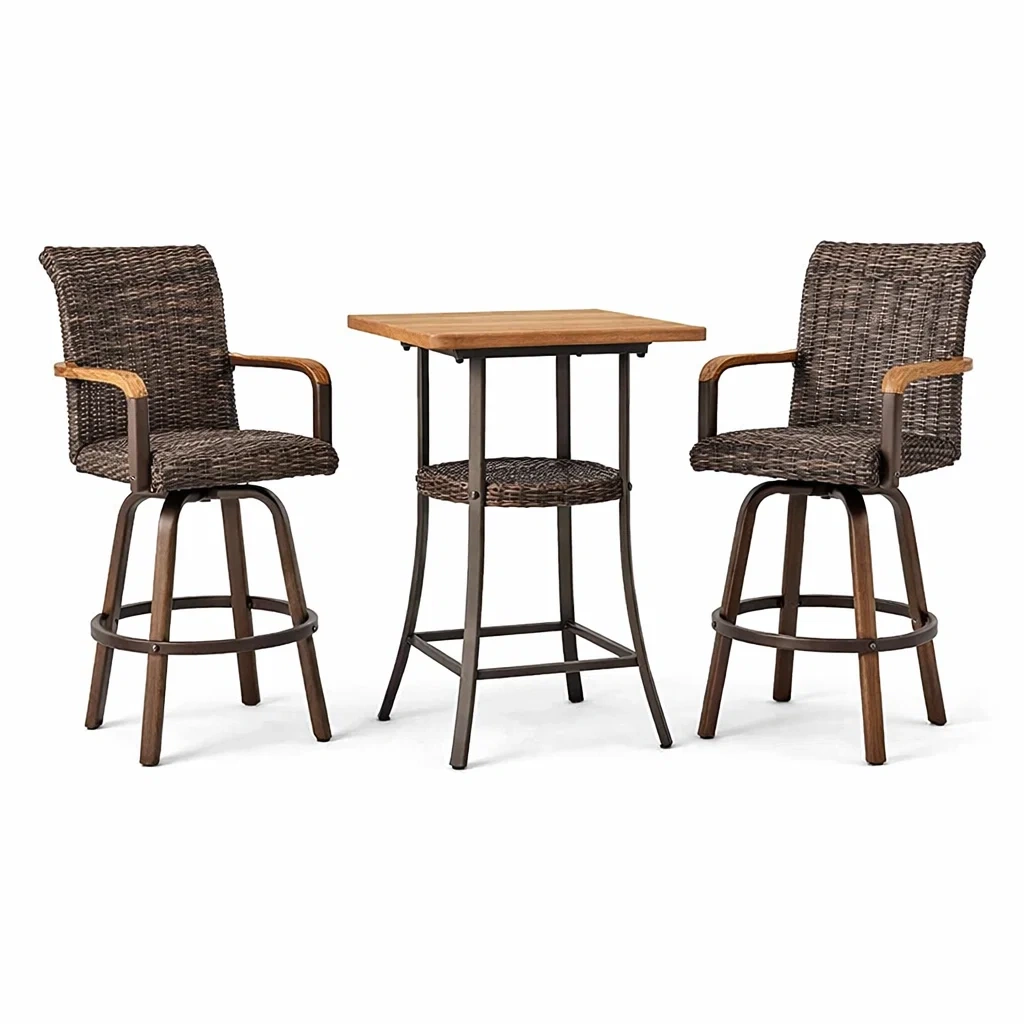 Salon de bar pour terrasse en métal avec table carrée et chaises en rotin brun-LUXERETREATHOME