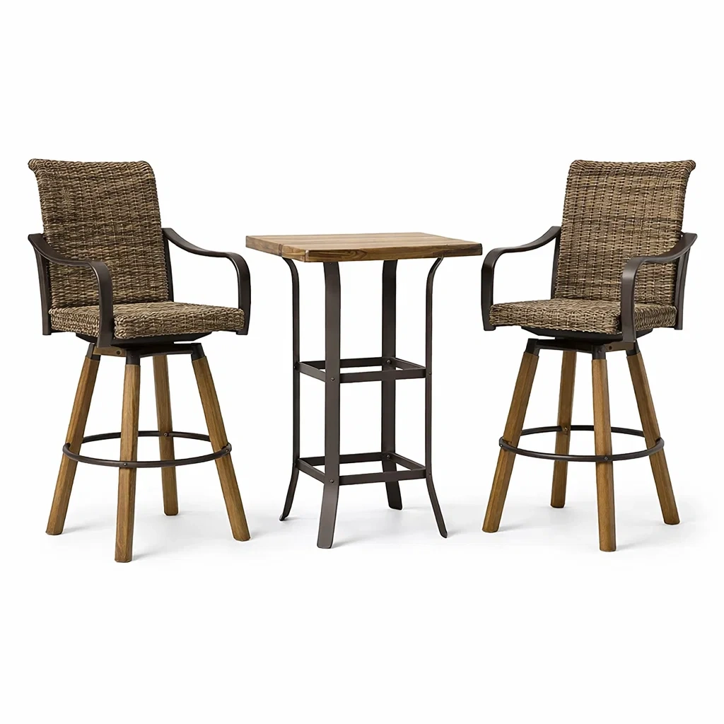 Salon de bar pour terrasse table haute et chaises en résine tressée et métal avec plateau en bois-LUXERETREATHOME