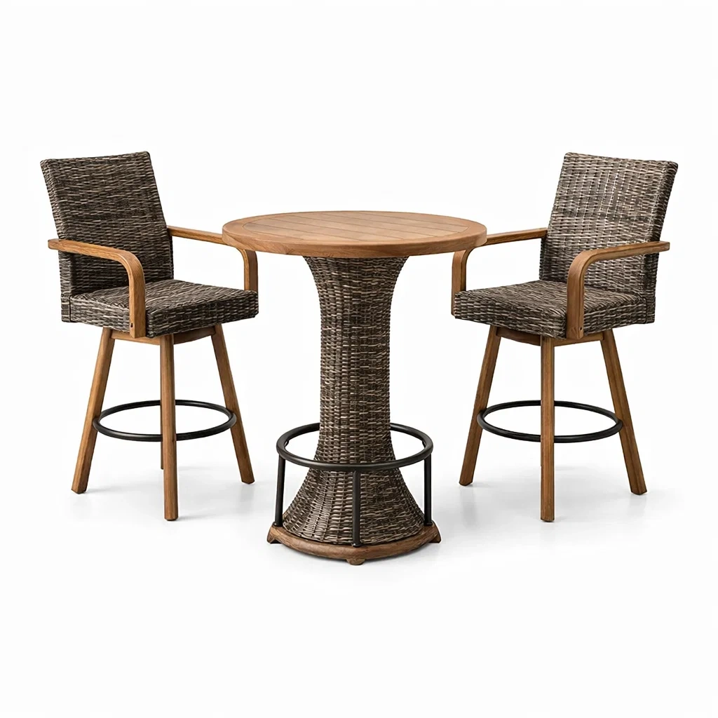 Salon de bar pour terrasse en bois de teck et rotin PE avec 2 chaises et table ronde-LUXERETREATHOME