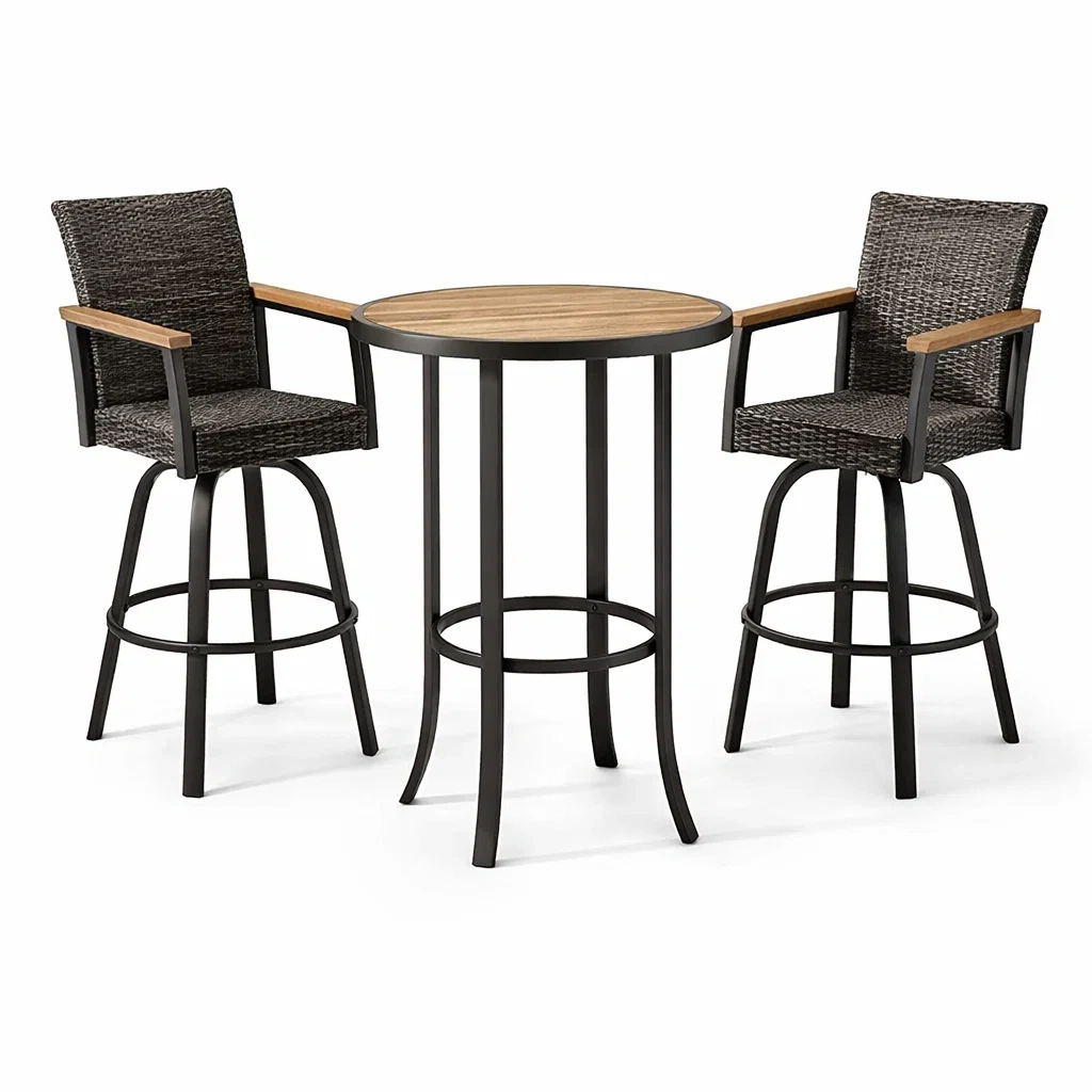 Salon de bar pour terrasse en métal avec table ronde et chaises pivotantes en résine-LUXERETREATHOME