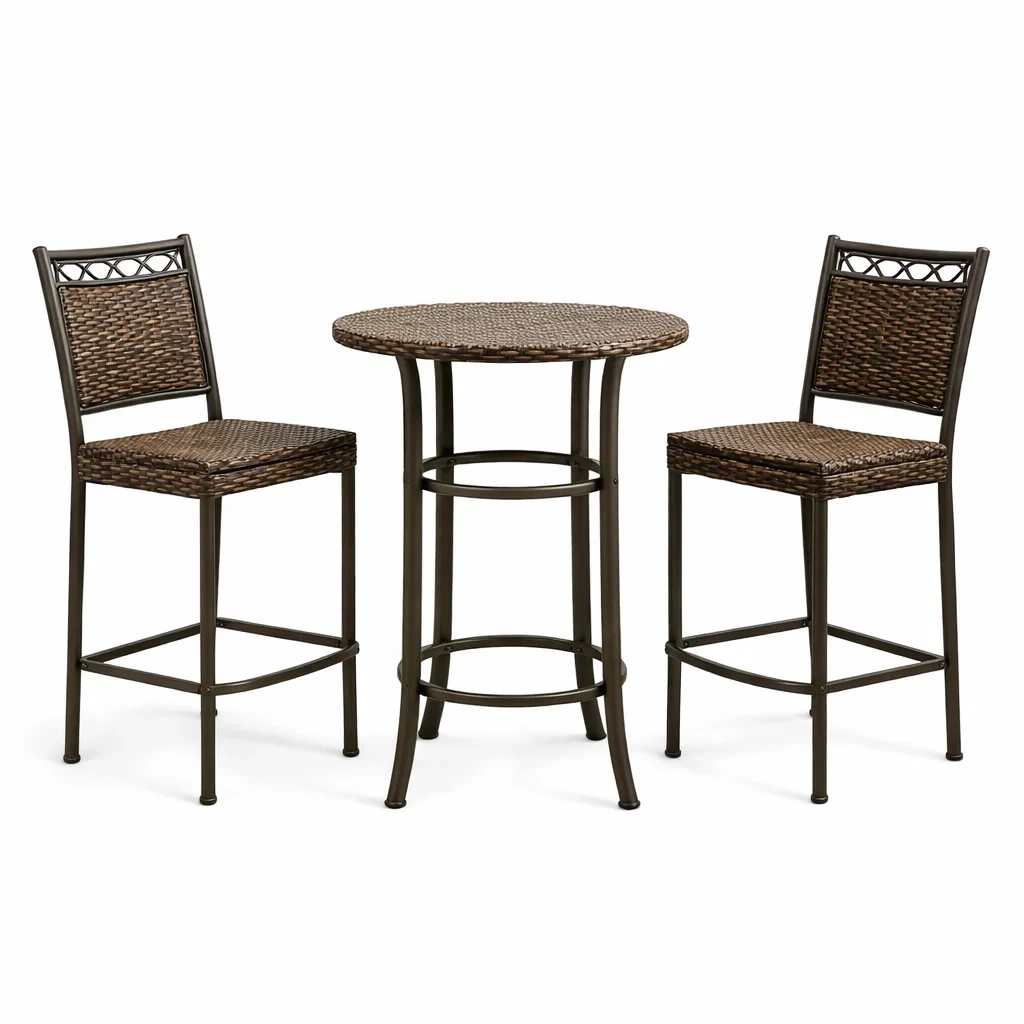 Salon de bar pour terrasse table haute et chaises en résine tressée et métal marron-LUXERETREATHOME