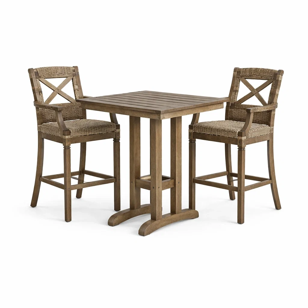 Salon de bar pour terrasse table haute carrée en bois avec chaises en osier-LUXERETREATHOME