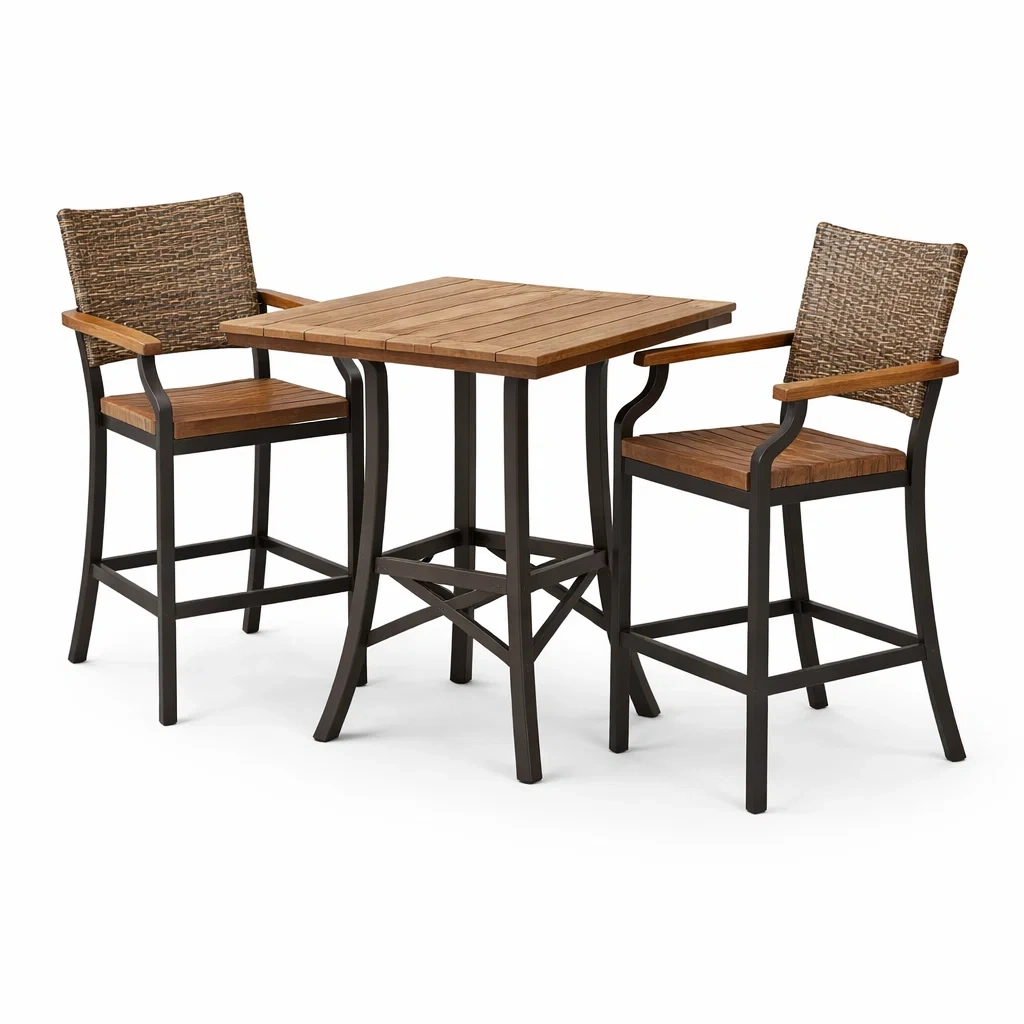 Salon de bar pour terrasse table de bar en bois et métal avec chaises en résine tressée-LUXERETREATHOME