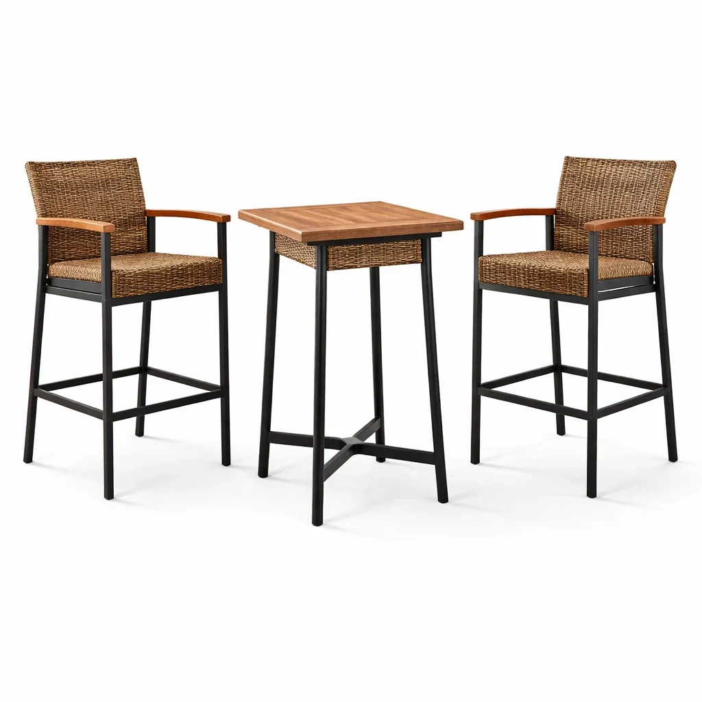 Salon de bar pour terrasse en acier et bois d'acacia avec chaises en rotin-LUXERETREATHOME