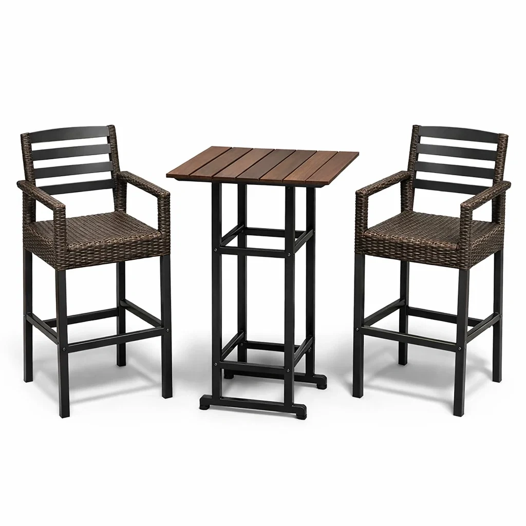 Salon de bar pour terrasse en métal avec chaises en rotin et table en bois-LUXERETREATHOME