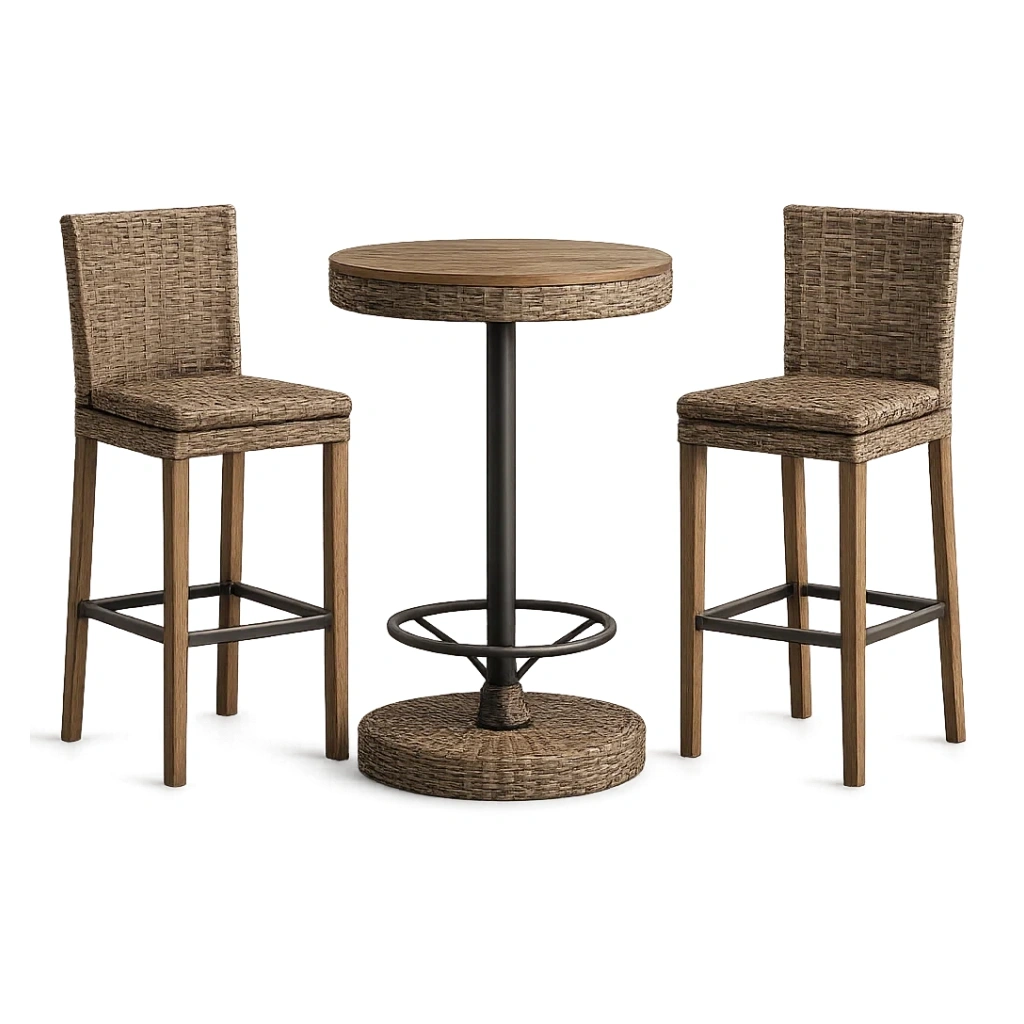 Salon de bar pour terrasse table haute avec chaises en résine et bois-LUXERETREATHOME