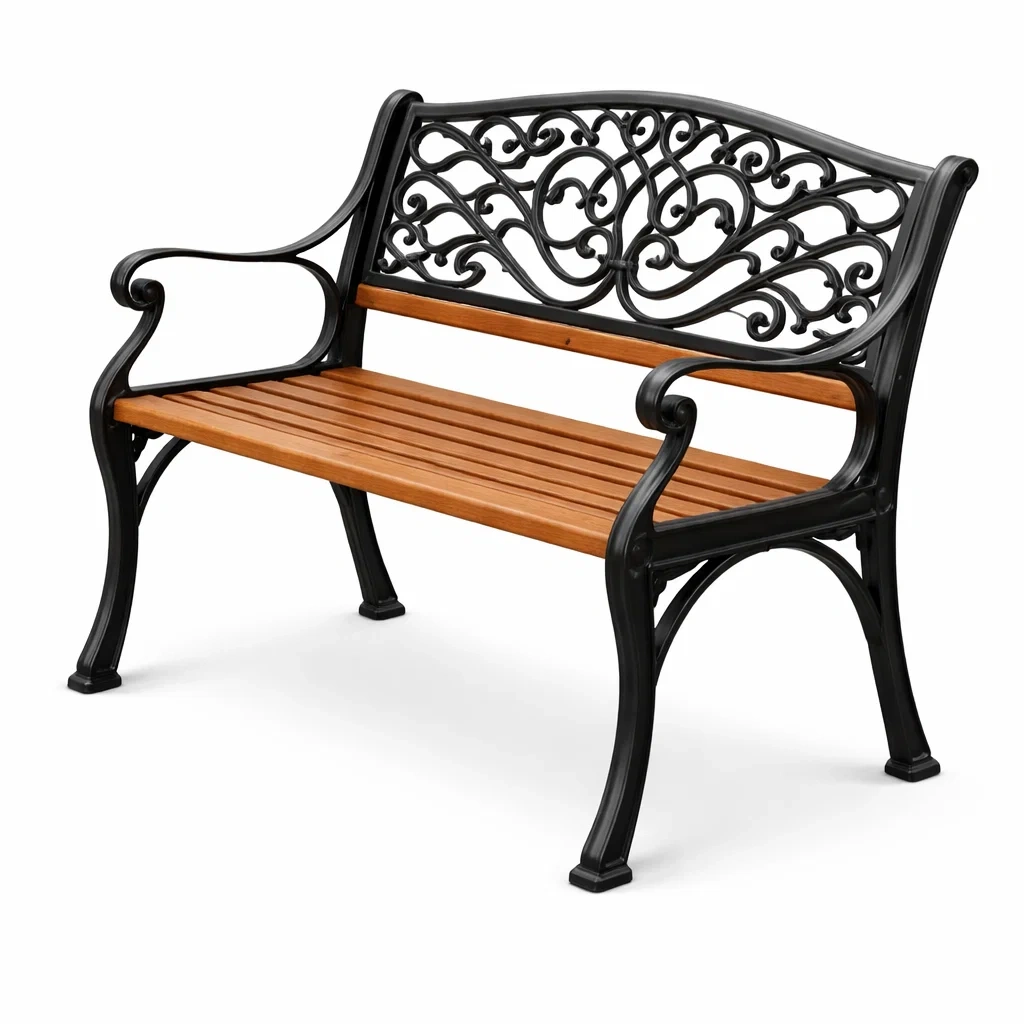 Banc d'extérieur en bois et fonte avec motifs décoratifs-LUXERETREATHOME