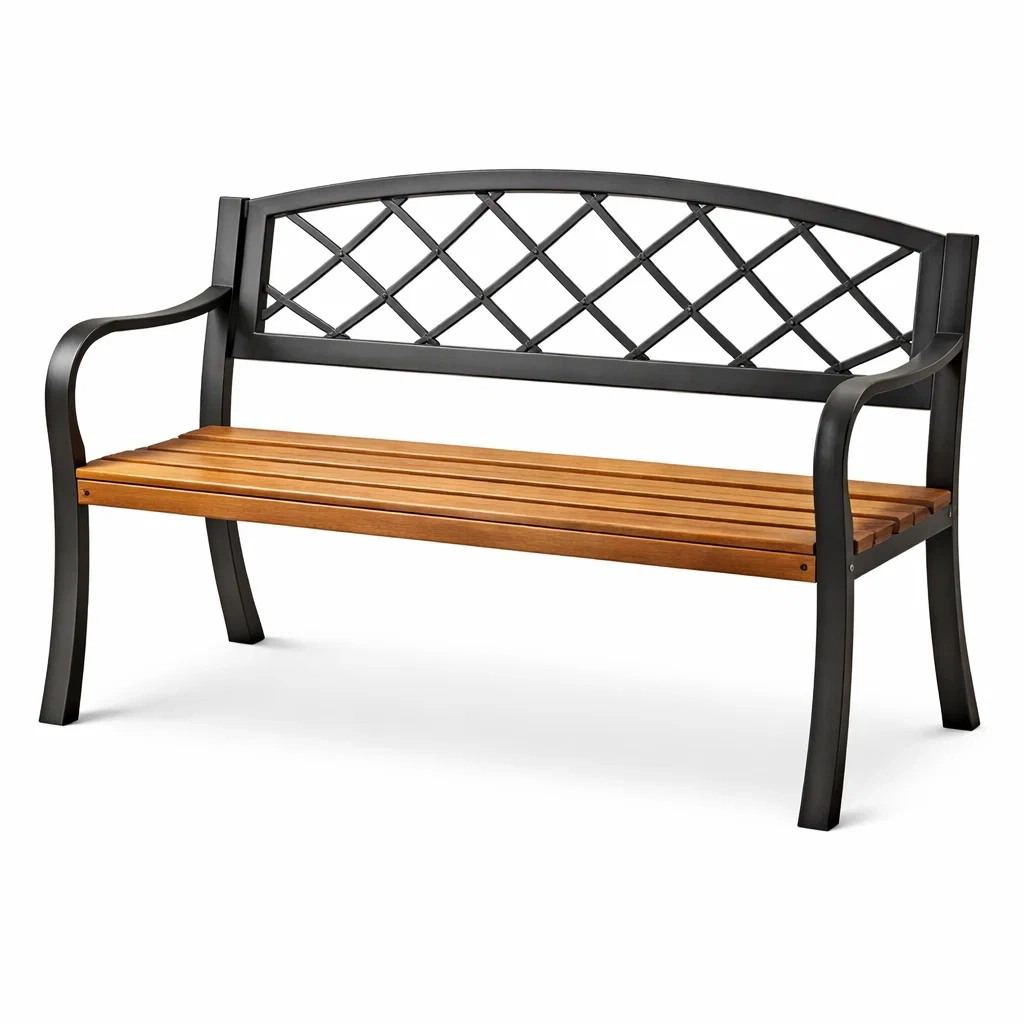 Banc d'extérieur en bois et métal noir-LUXERETREATHOME