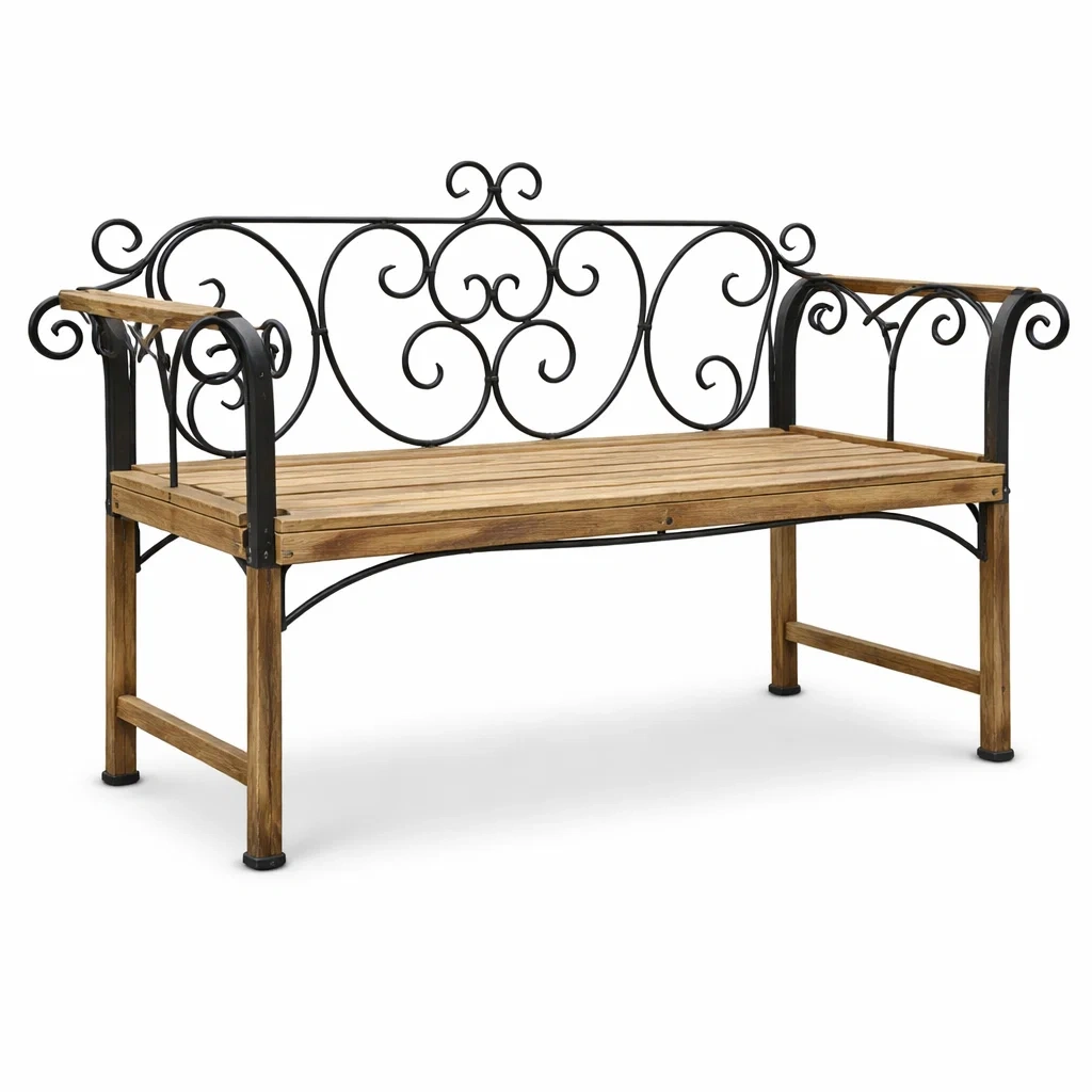 Banc d'extérieur en bois et fer forgé noir-LUXERETREATHOME