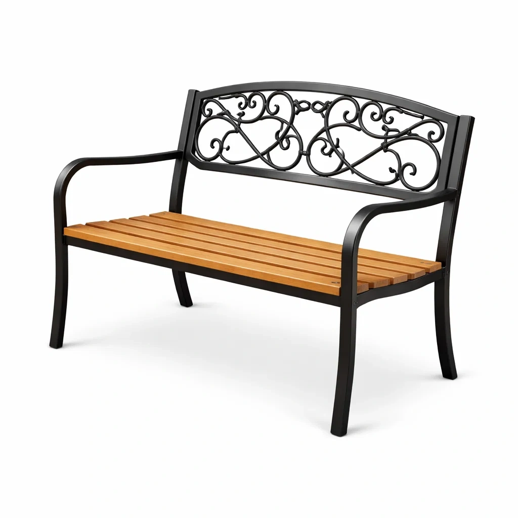 Banc d'extérieur en fer forgé avec assise en bois noir et marron-LUXERETREATHOME