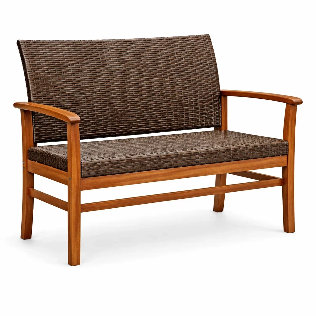 Banc d'extérieur en bois d'acacia et résine tressée marron-LUXERETREATHOME