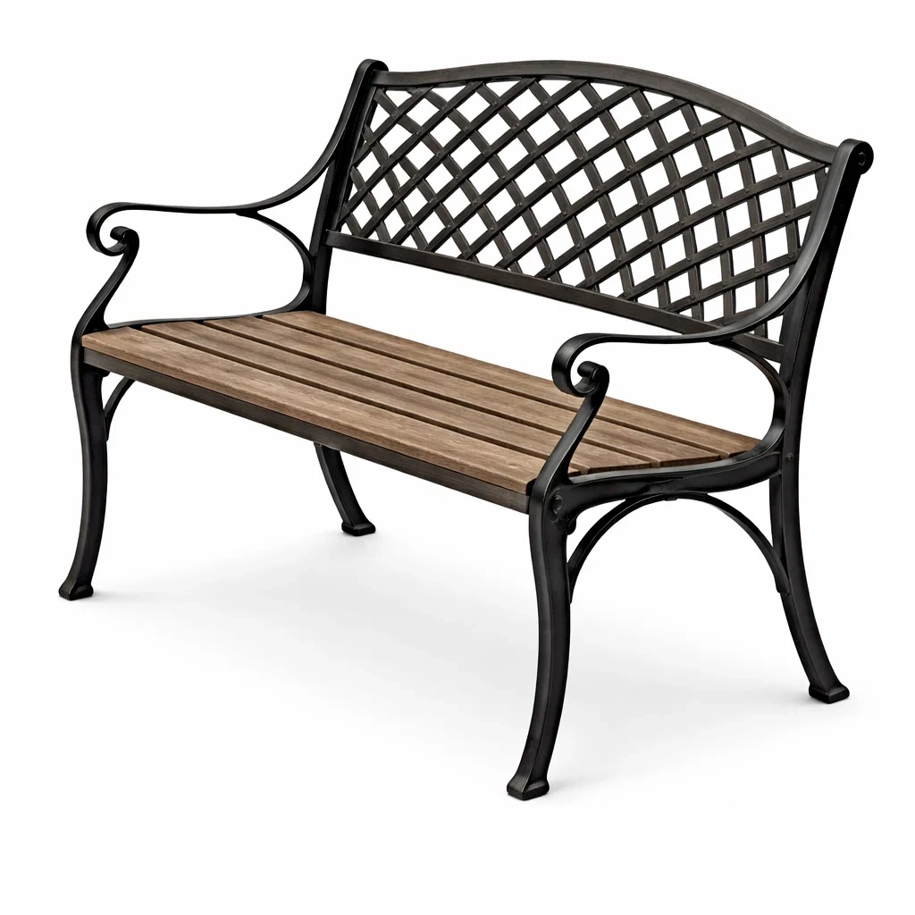 Banc d'extérieur en fer et bois avec dossier en treillis-LUXERETREATHOME