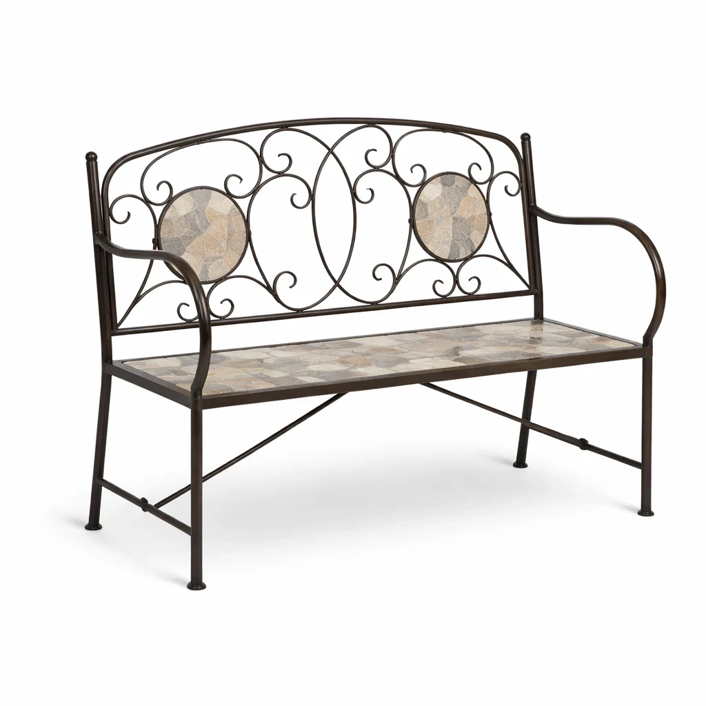 Banc d'extérieur en métal avec surface en mosaïque-LUXERETREATHOME