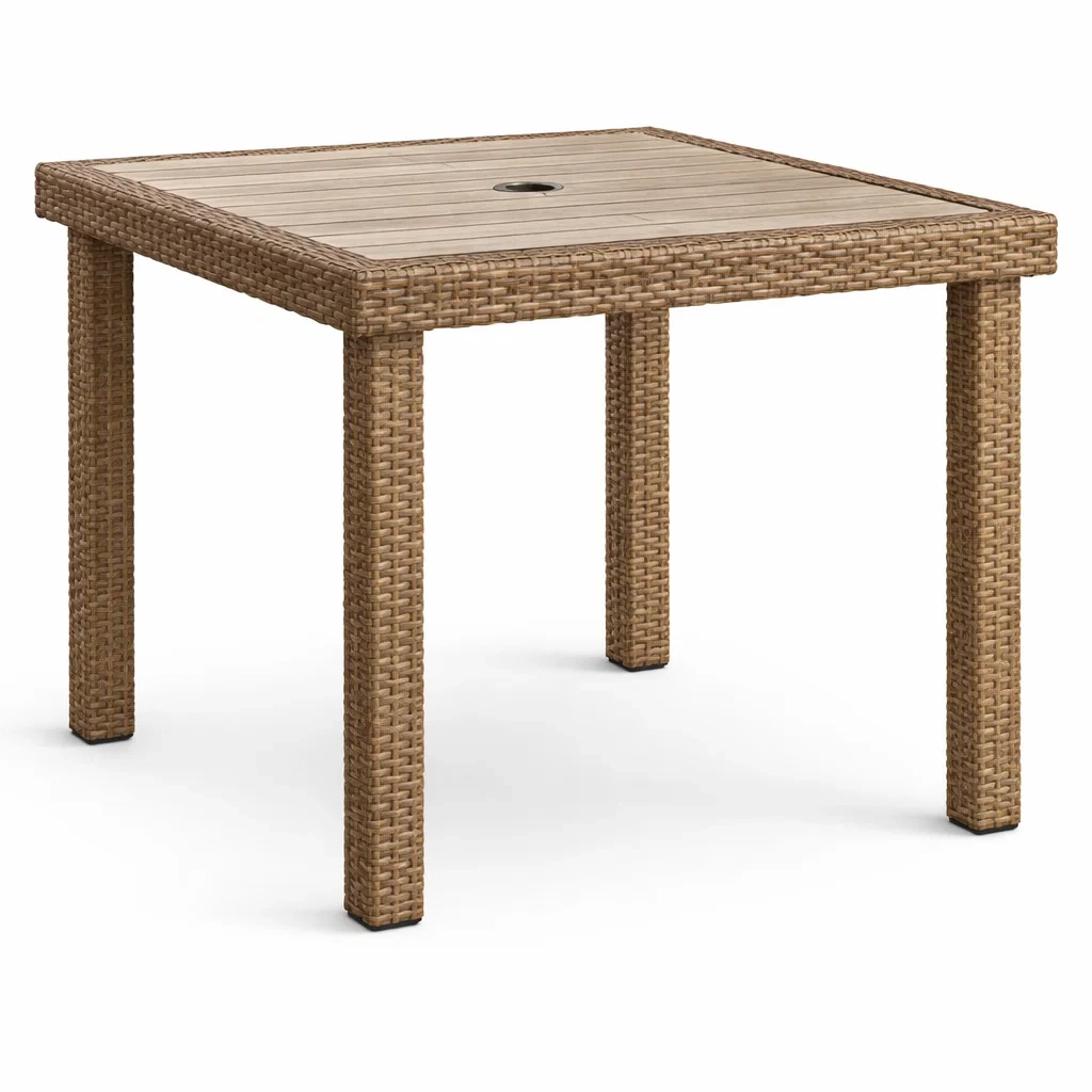 Table à manger d'extérieur en résine tressée avec plateau en bois composite 90x90x75 cm brun-LUXERETREATHOME
