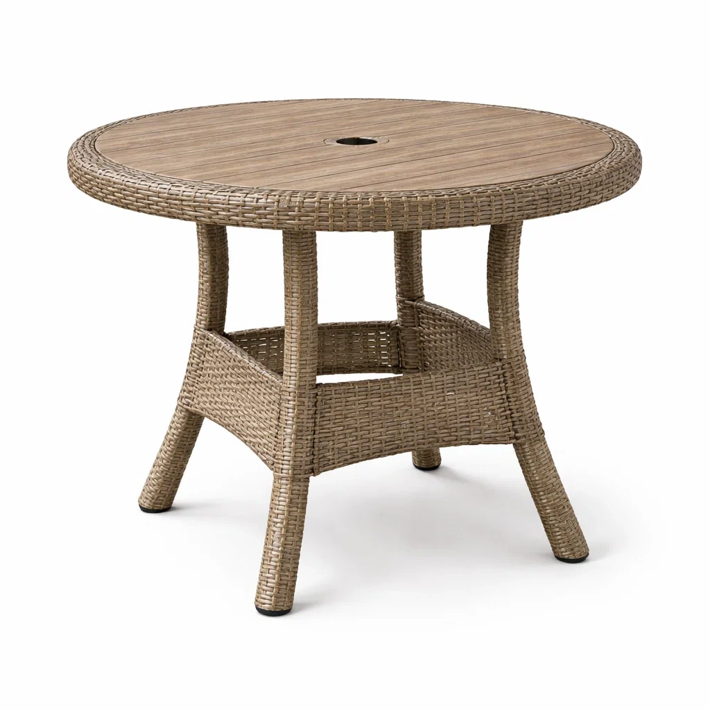 Table à manger d'extérieur ronde en rotin synthétique et teck marron-LUXERETREATHOME