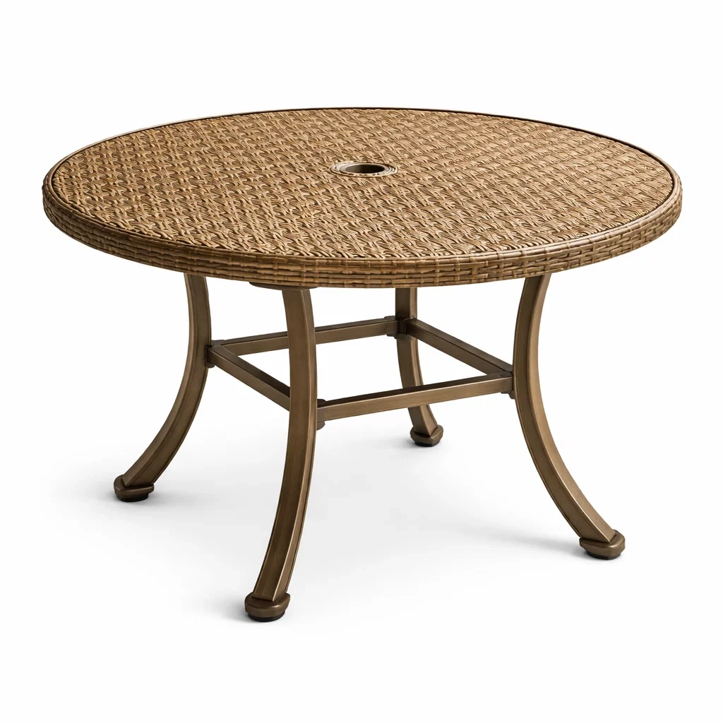 Table à manger d'extérieur ronde en rotin synthétique et aluminium marron-LUXERETREATHOME