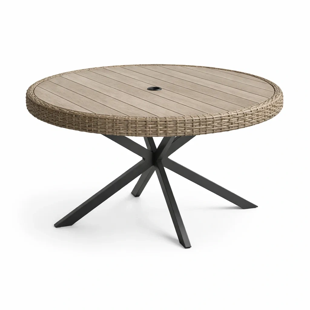 Table à manger d'extérieur ronde en bois composite et métal diamètre-LUXERETREATHOME