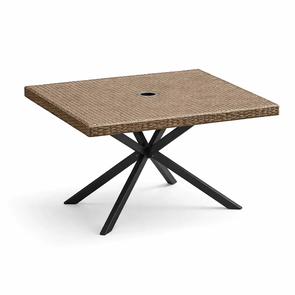 Table à manger d'extérieur rectangulaire en rotin avec pieds en métal marron noir-LUXERETREATHOME