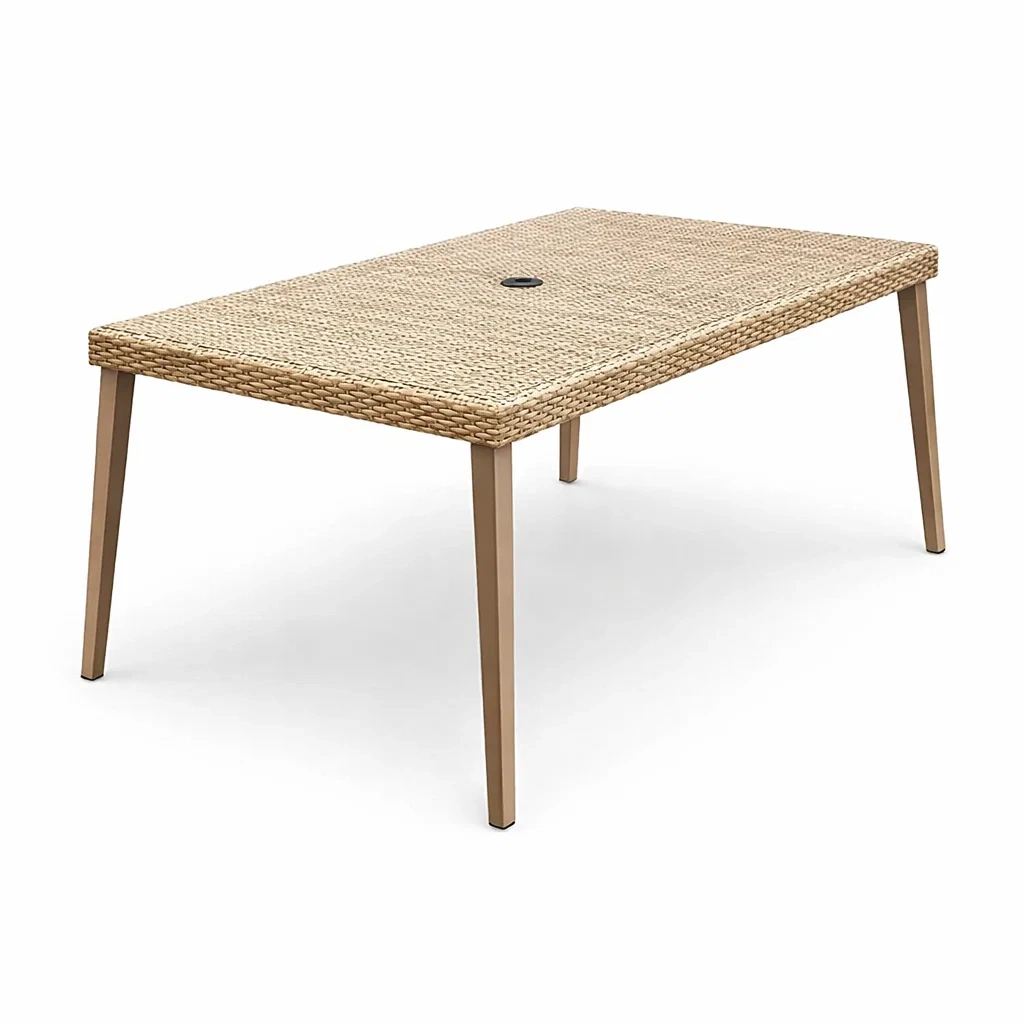 Table à manger d'extérieur en résine tressée et aluminium beige-LUXERETREATHOME