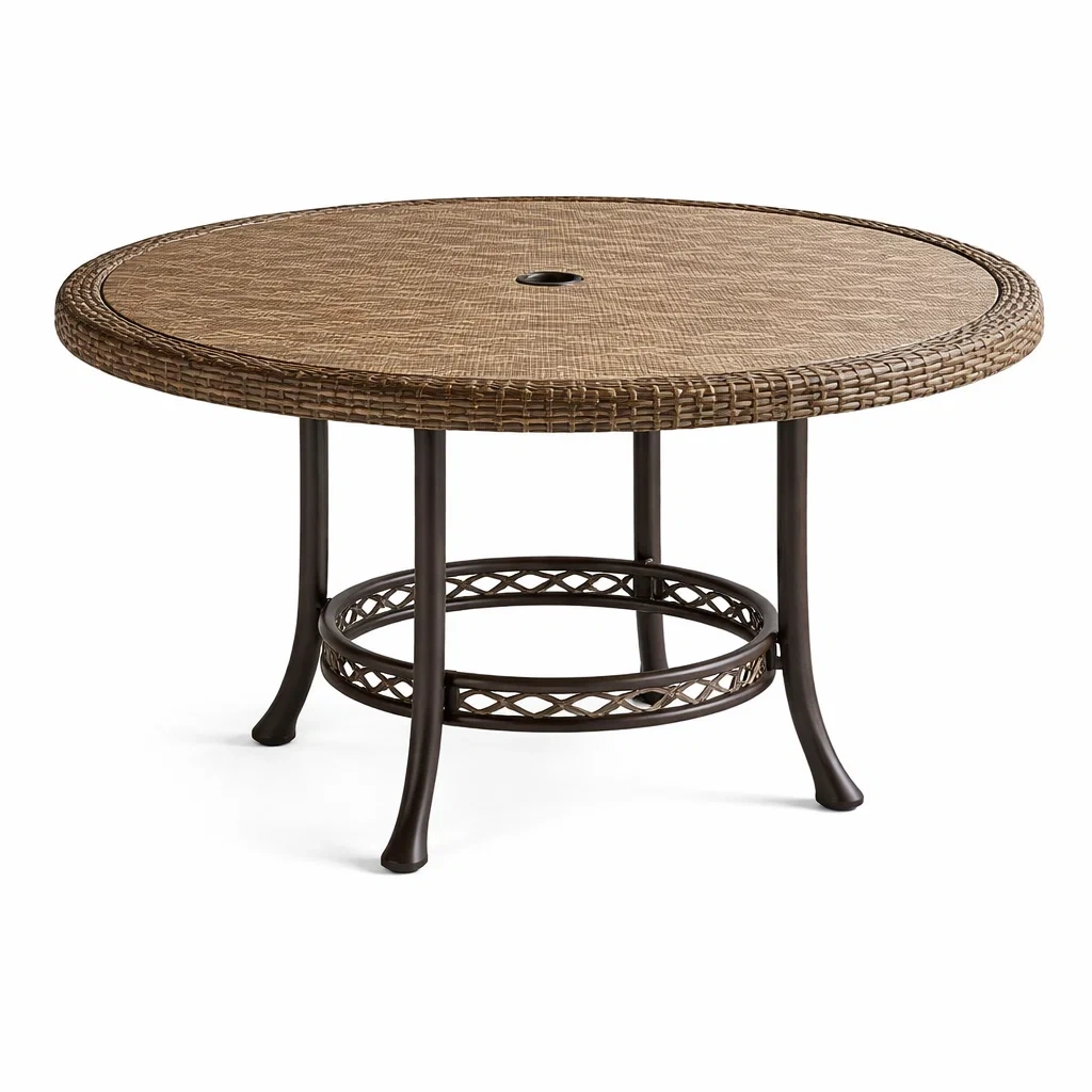 Table à manger d'extérieur ronde en résine tressée et aluminium marron-LUXERETREATHOME