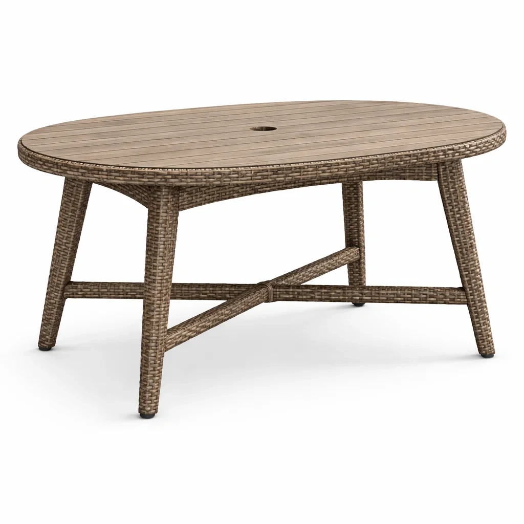 Table à manger d'extérieur ovale en résine tressée et bois composite brun-LUXERETREATHOME