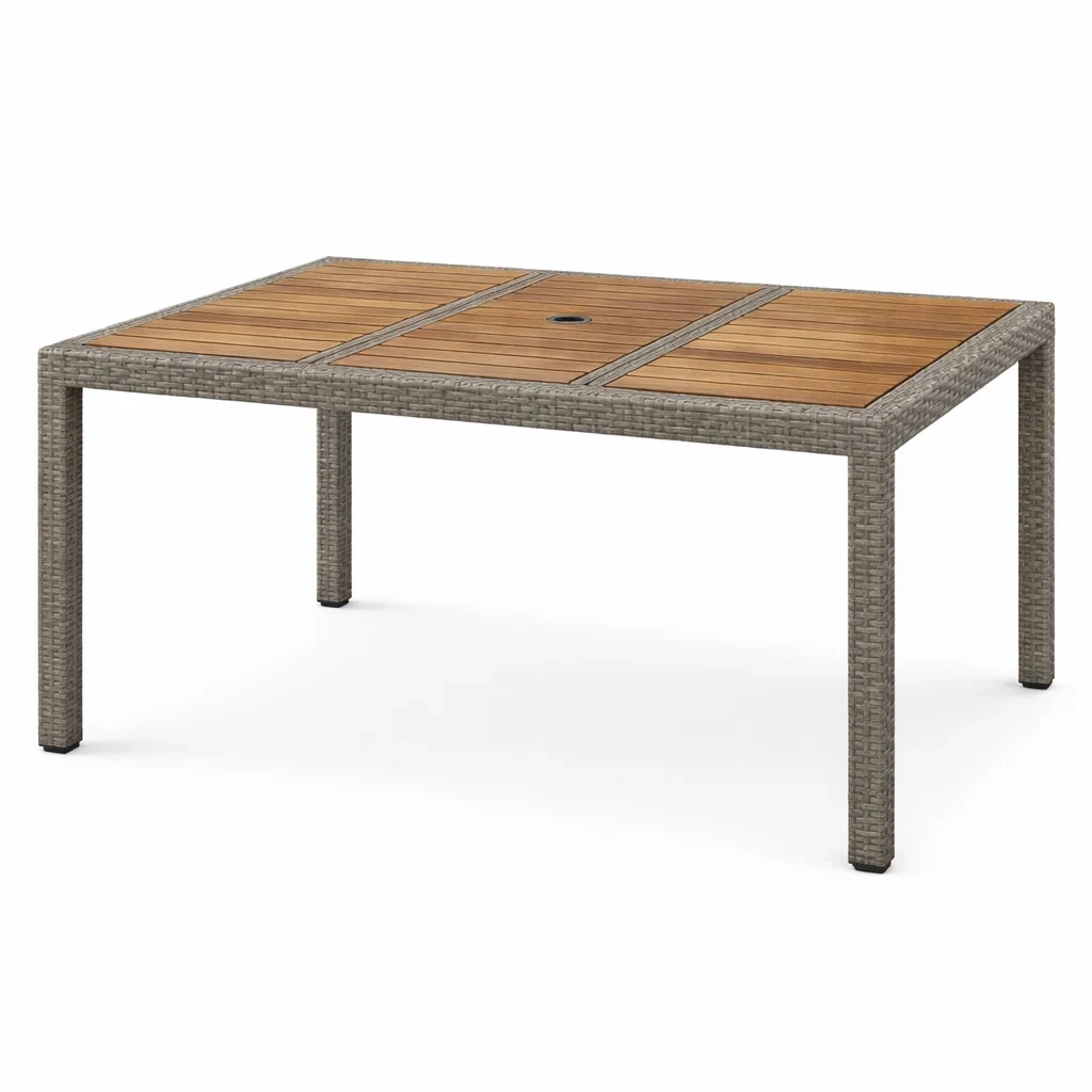 Table à manger d'extérieur en bois et rotin gris marron-LUXERETREATHOME