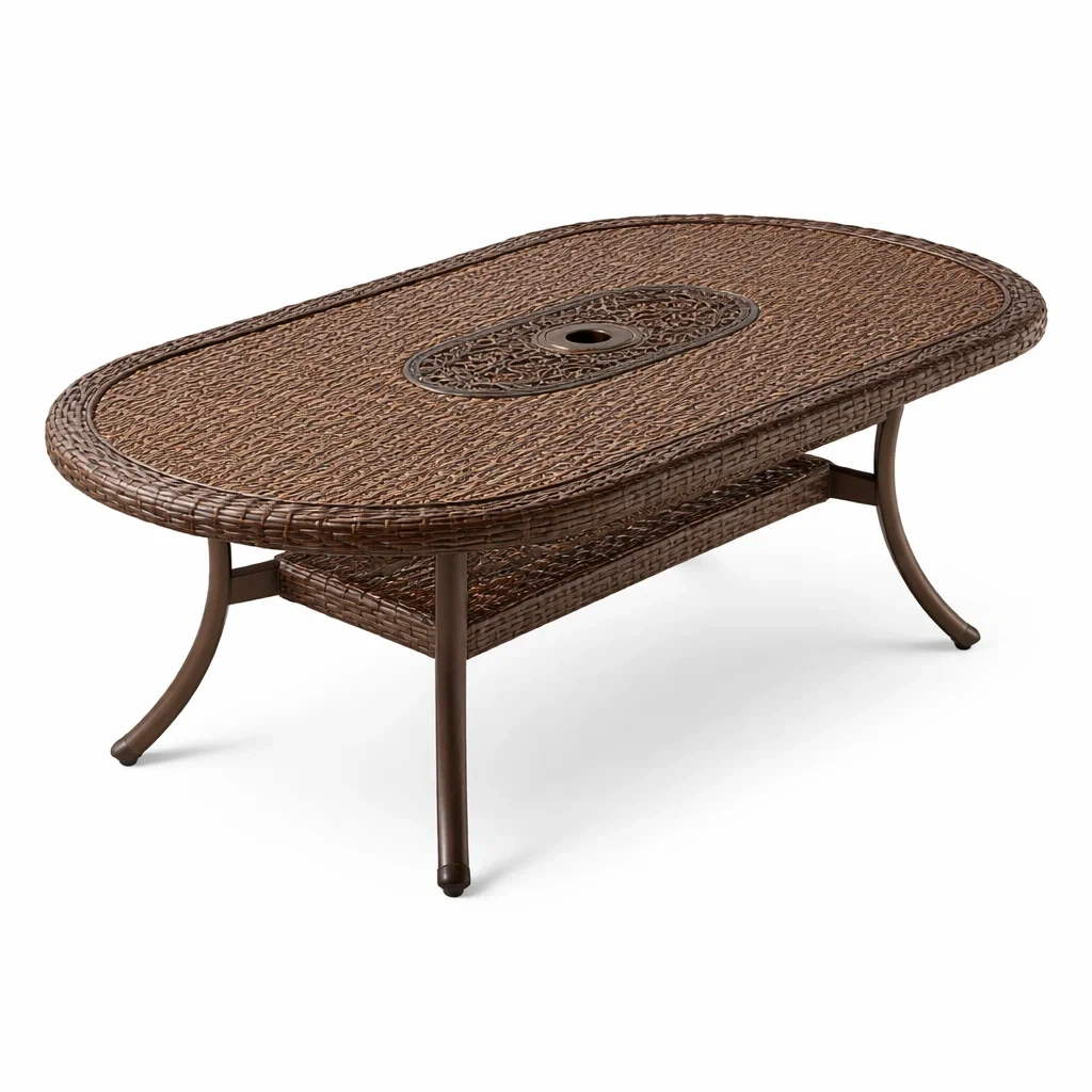 Table à manger d'extérieur ovale en résine tressée marron avec structure en aluminium-LUXERETREATHOME