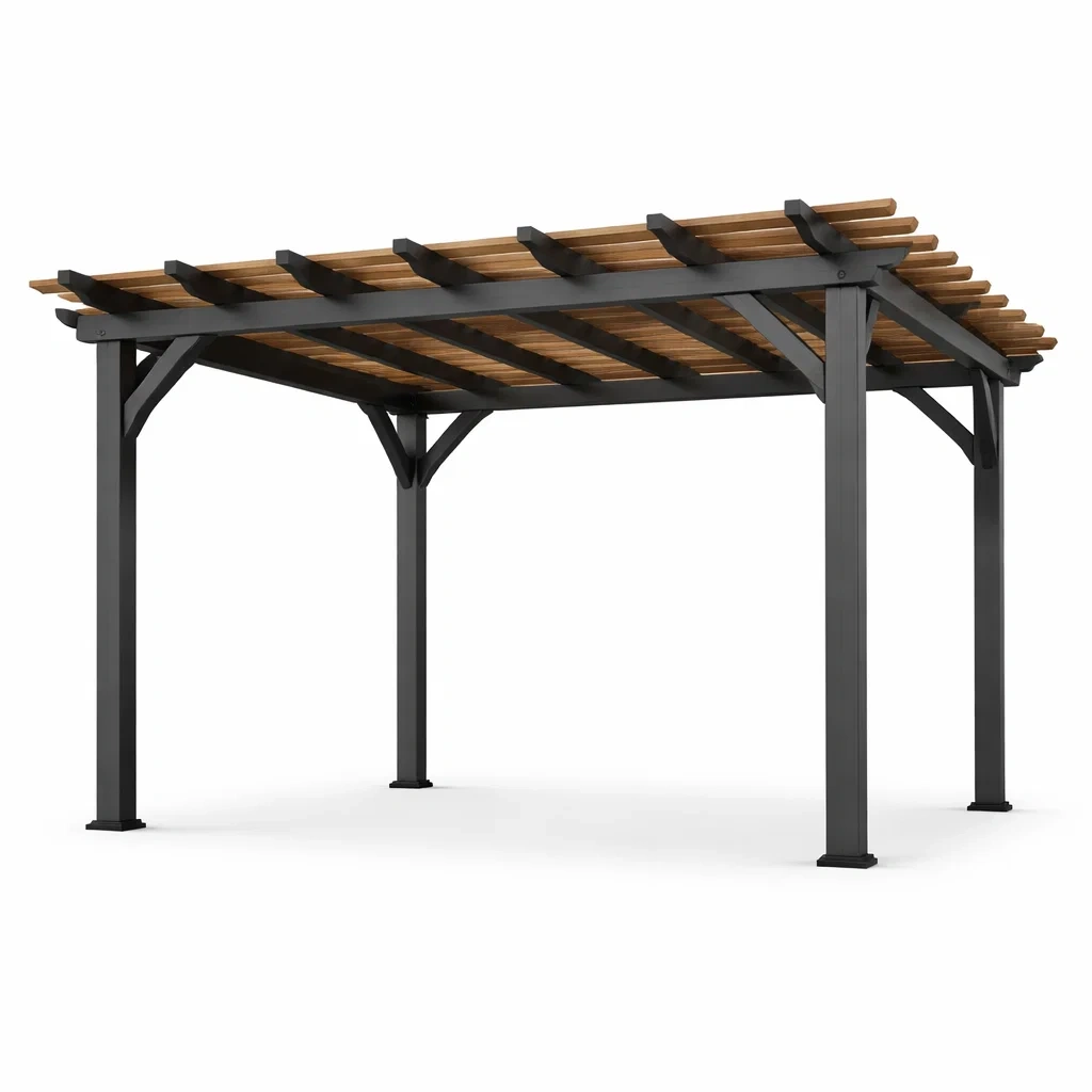 Tonnelle de jardin en métal et bois noir marron-LUXERETREATHOME