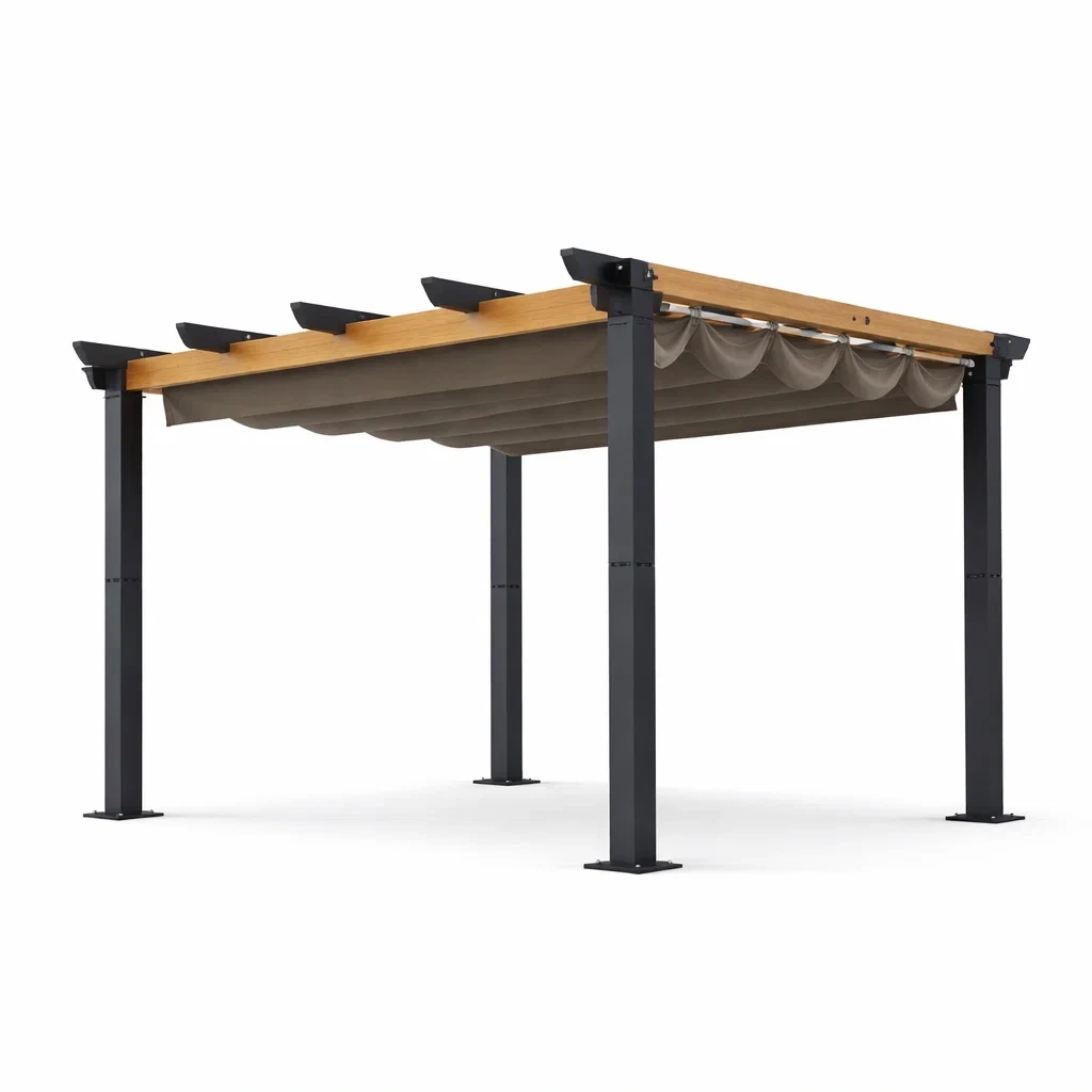Tonnelle de jardin en métal et bois beige-LUXERETREATHOME