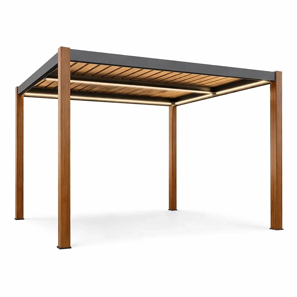 Tonnelle de jardin carrée avec cadre en aluminium et toit en bois marron noir-LUXERETREATHOME