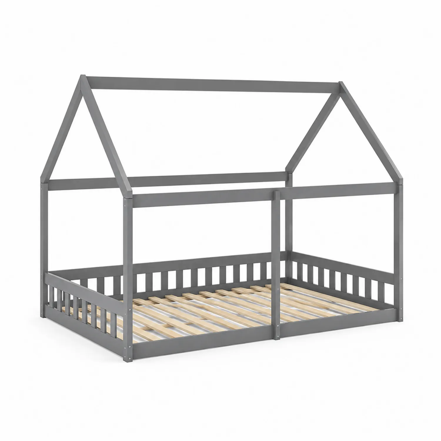 Cama infantil de madera gris con forma de casa-Casixorn
