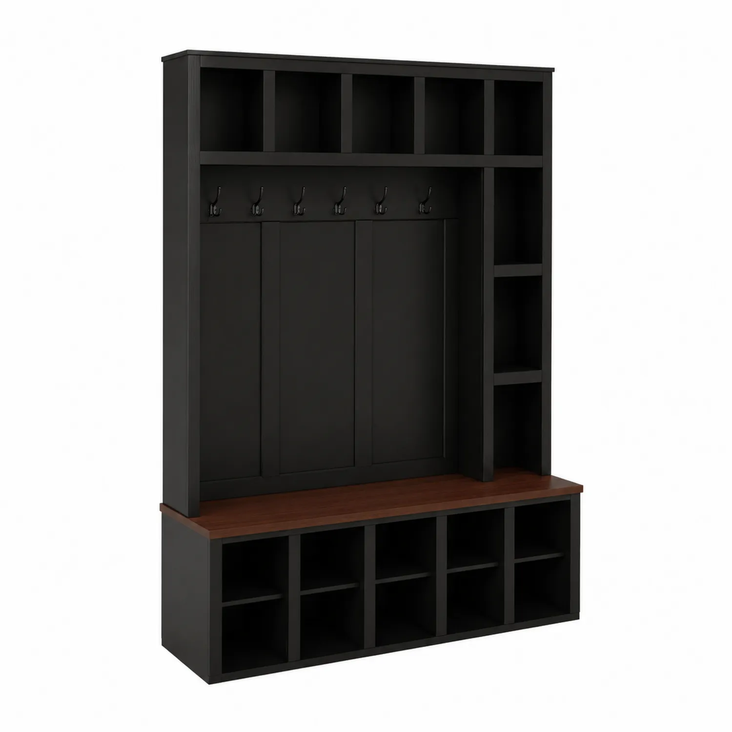 Perchero de MDF con estantes y ganchos en color negro y madera-Casixorn