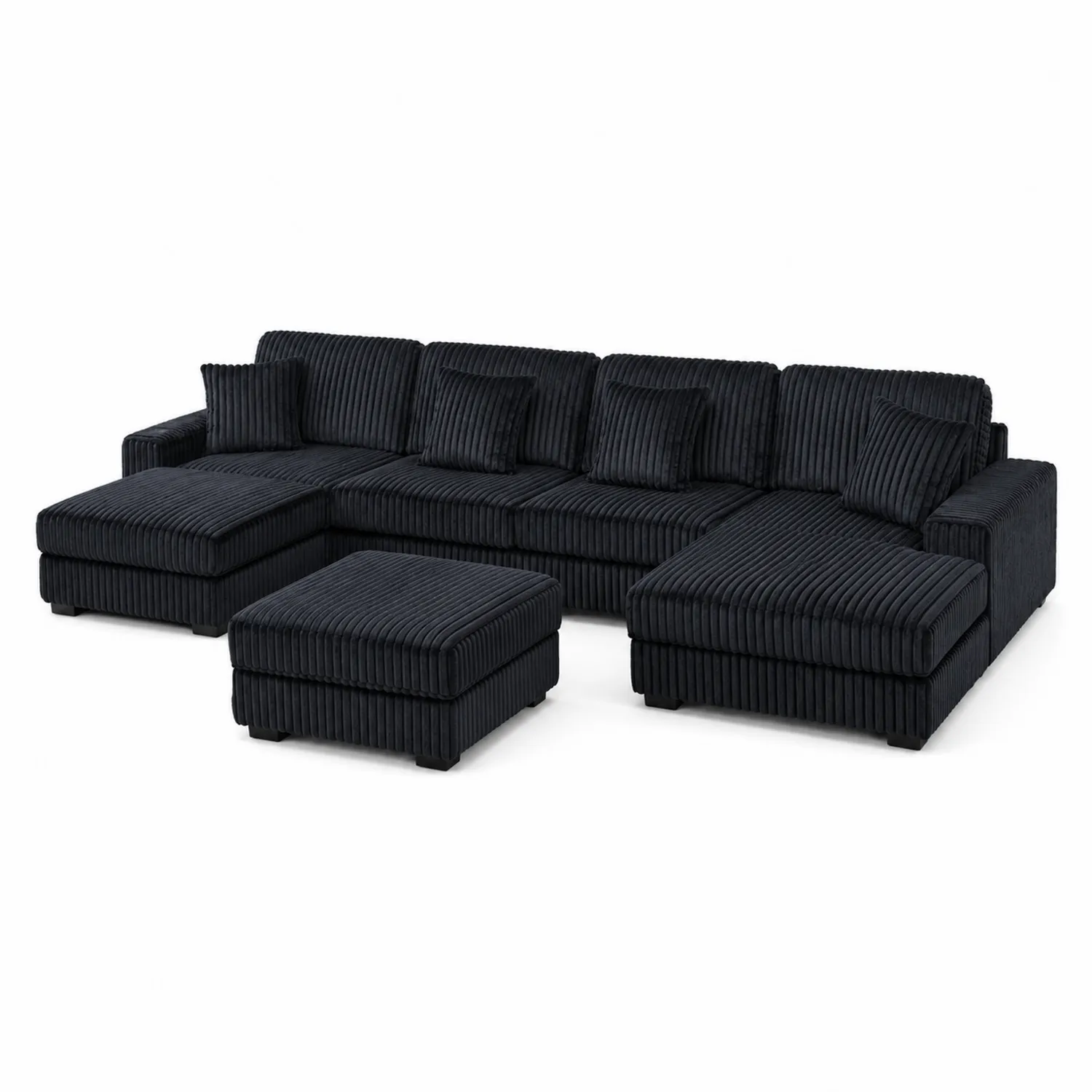 Sofá modular en L de tela con chaise longue y puff negro-Casixorn