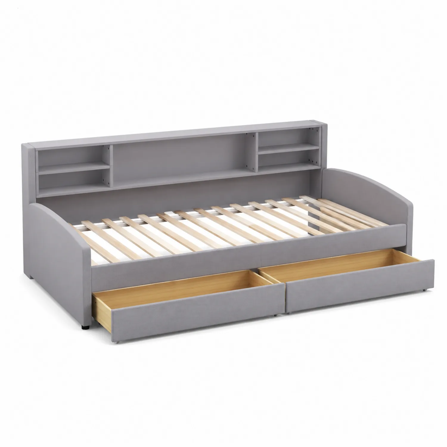 Cama de madera y MDF con cajones y estantería integrada gris-Casixorn