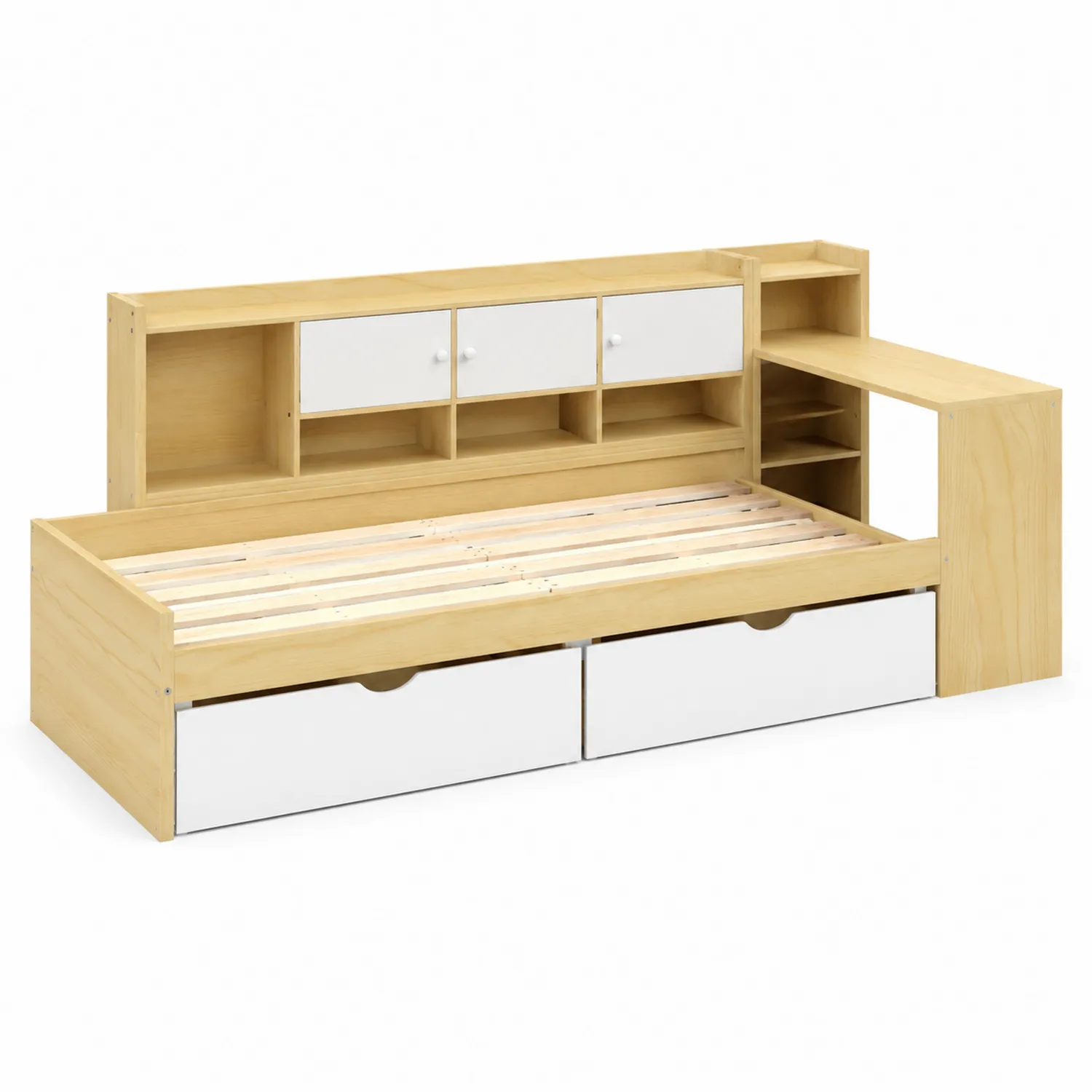 Cama de Madera de Pino con Estantería y Cajones 200x90cm Beige/Blanco-Casixorn