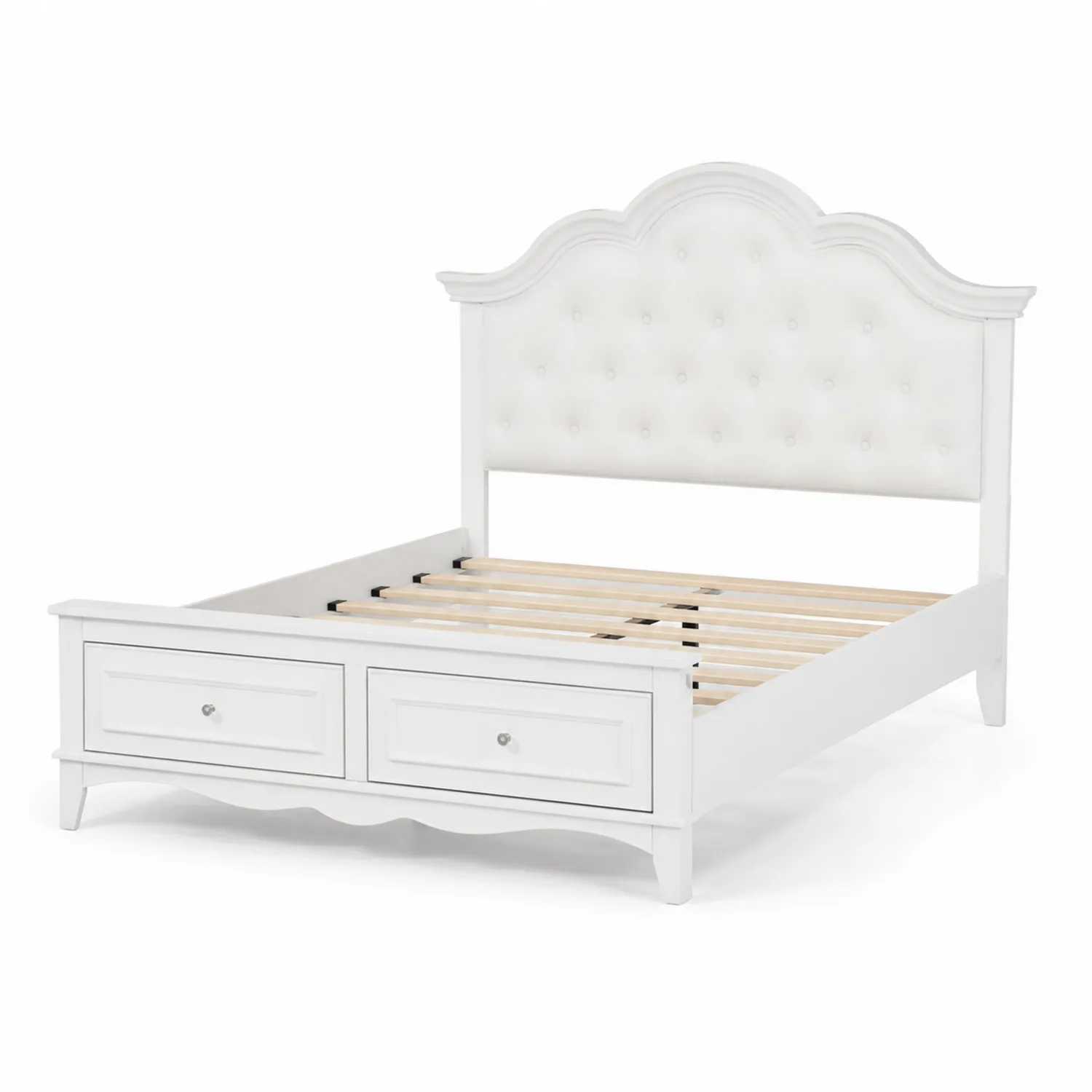 Cama de madera con cajones y cabecero tapizado de tela blanco-Casixorn