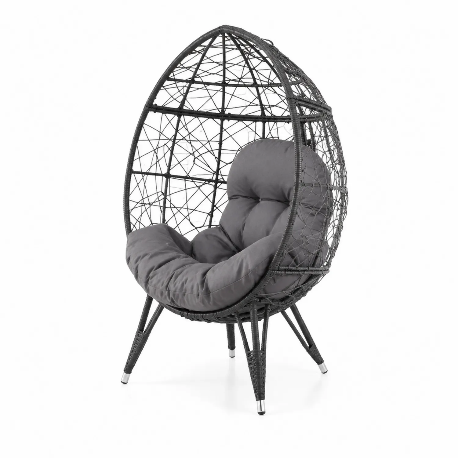 Sillón huevo de metal y ratán sintético con cojín gris-Casixorn
