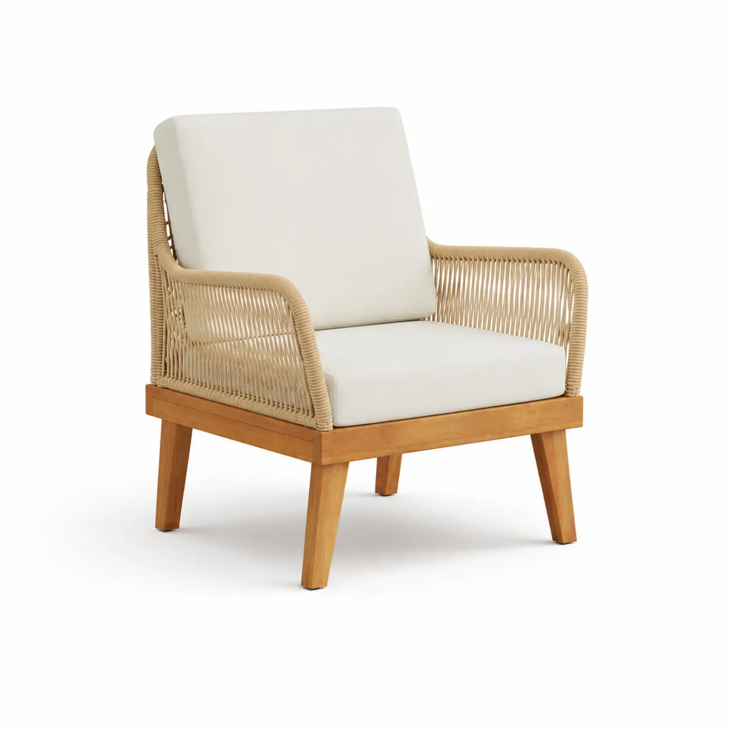 Sillón de madera de acacia para exterior con cojines de poliéster crema-Casixorn
