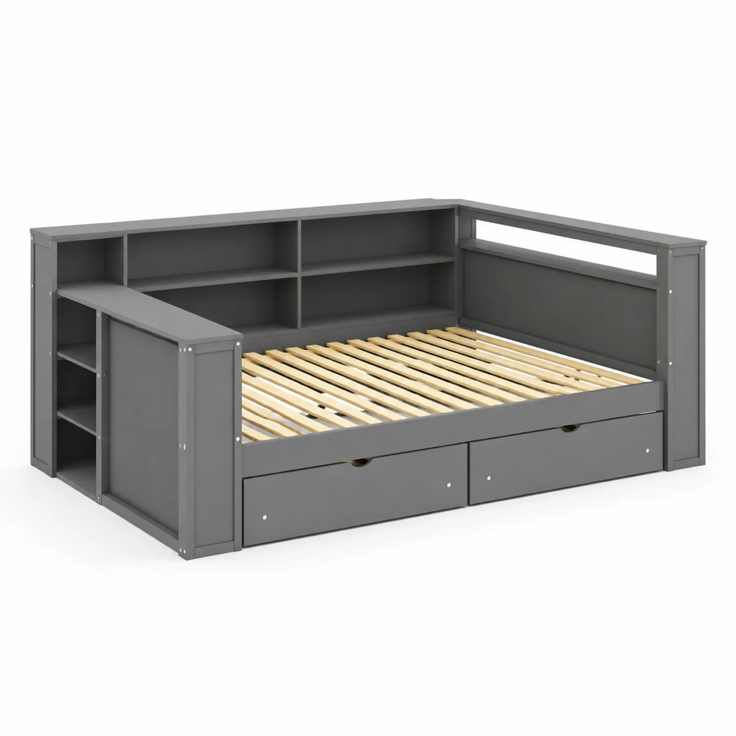 Cama de madera con almacenamiento y estanterías gris-Casixorn
