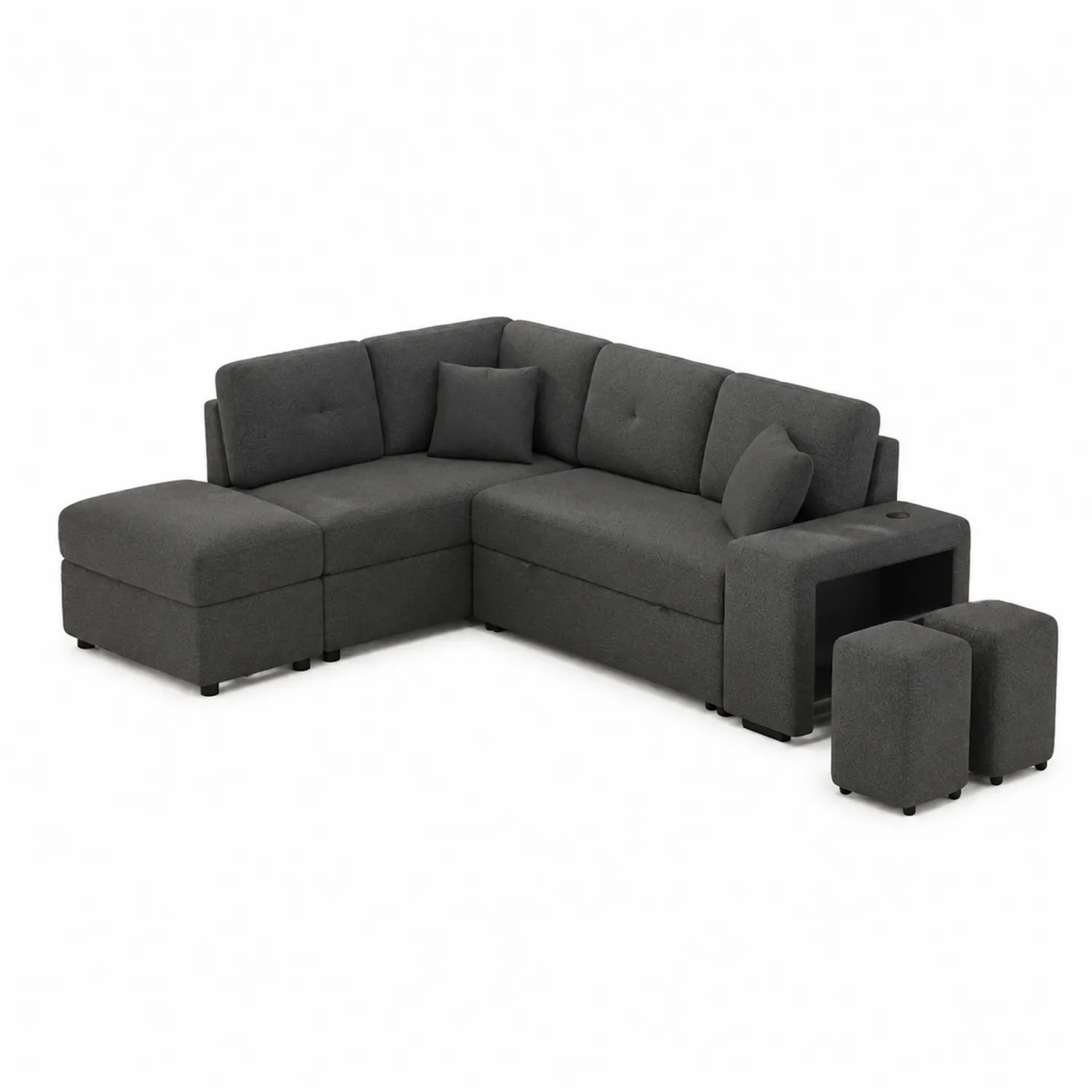 Sofá Esquinero Modular de Tela Gris Oscuro con Pufs Almacenables-Casixorn
