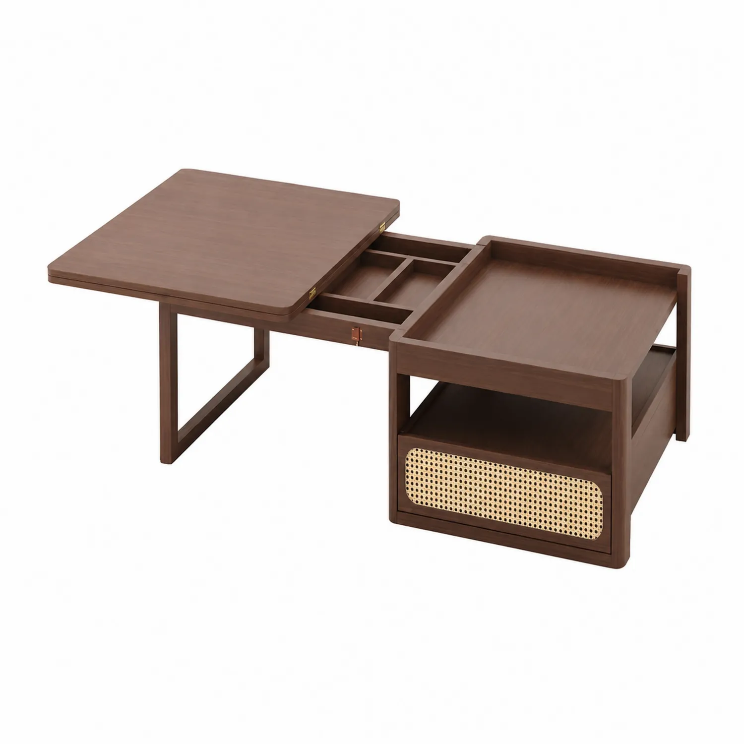 Mesa de centro de madera y ratán con almacenamiento deslizante Marrón-Casixorn