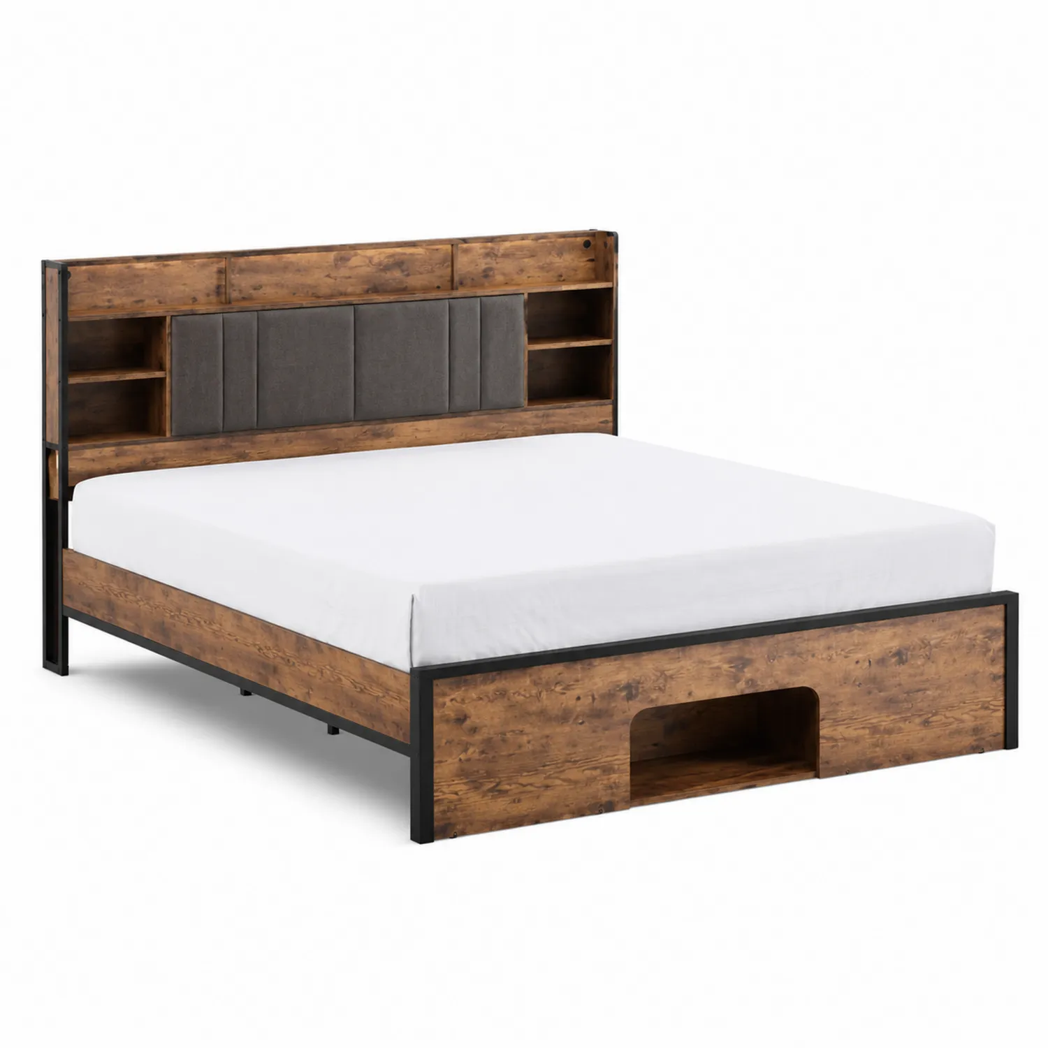 Cama de Madera y Metal con Cabecero de Almacenamiento y Paneles Tapizados 200x150 cm Marrón/Negro-Casixorn