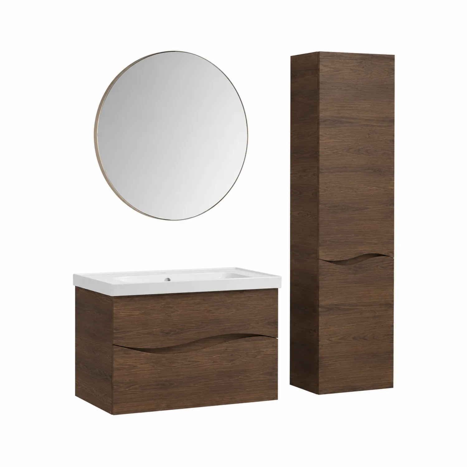 Conjunto de baño de madera marrón con lavabo cerámico y espejo redondo-Casixorn
