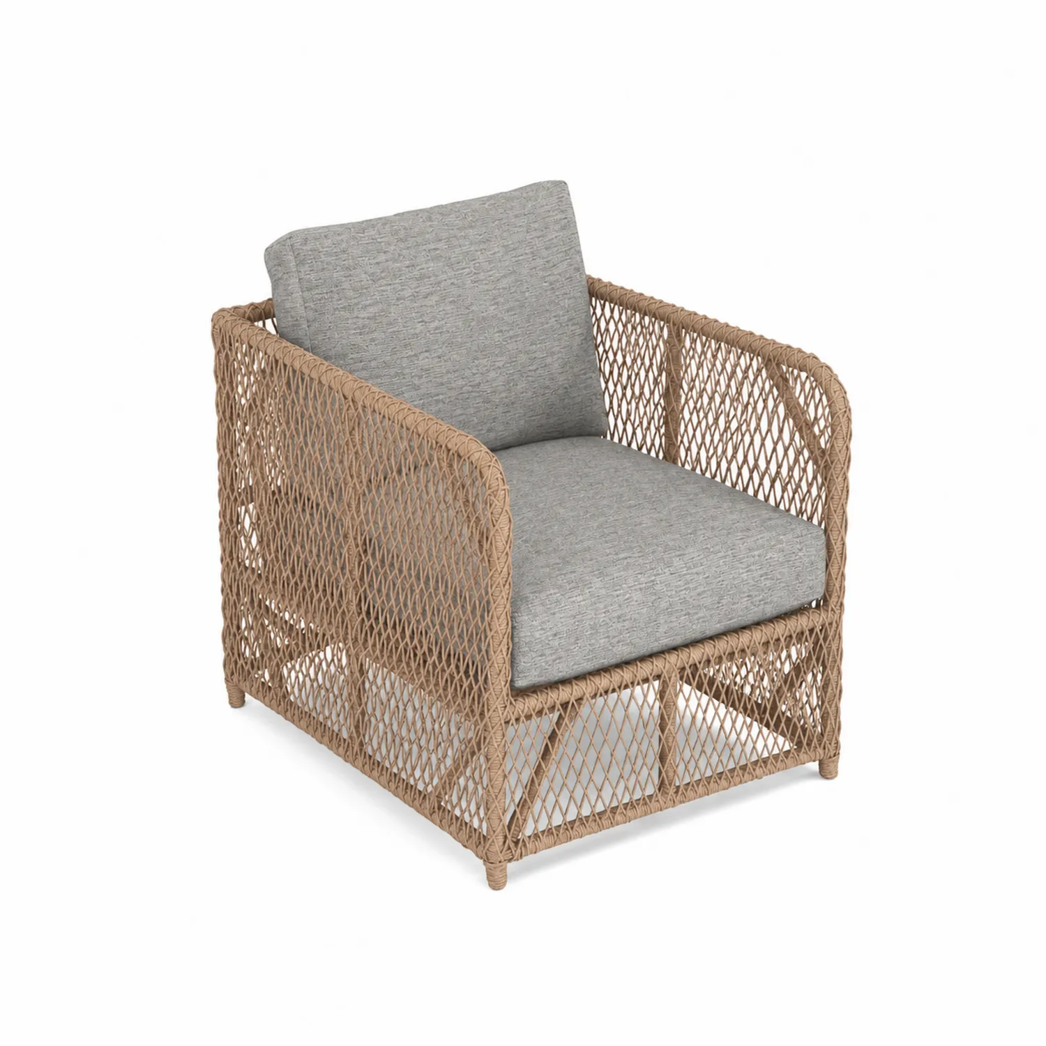 Sillón de ratán sintético beige con cojines de tela gris-Casixorn