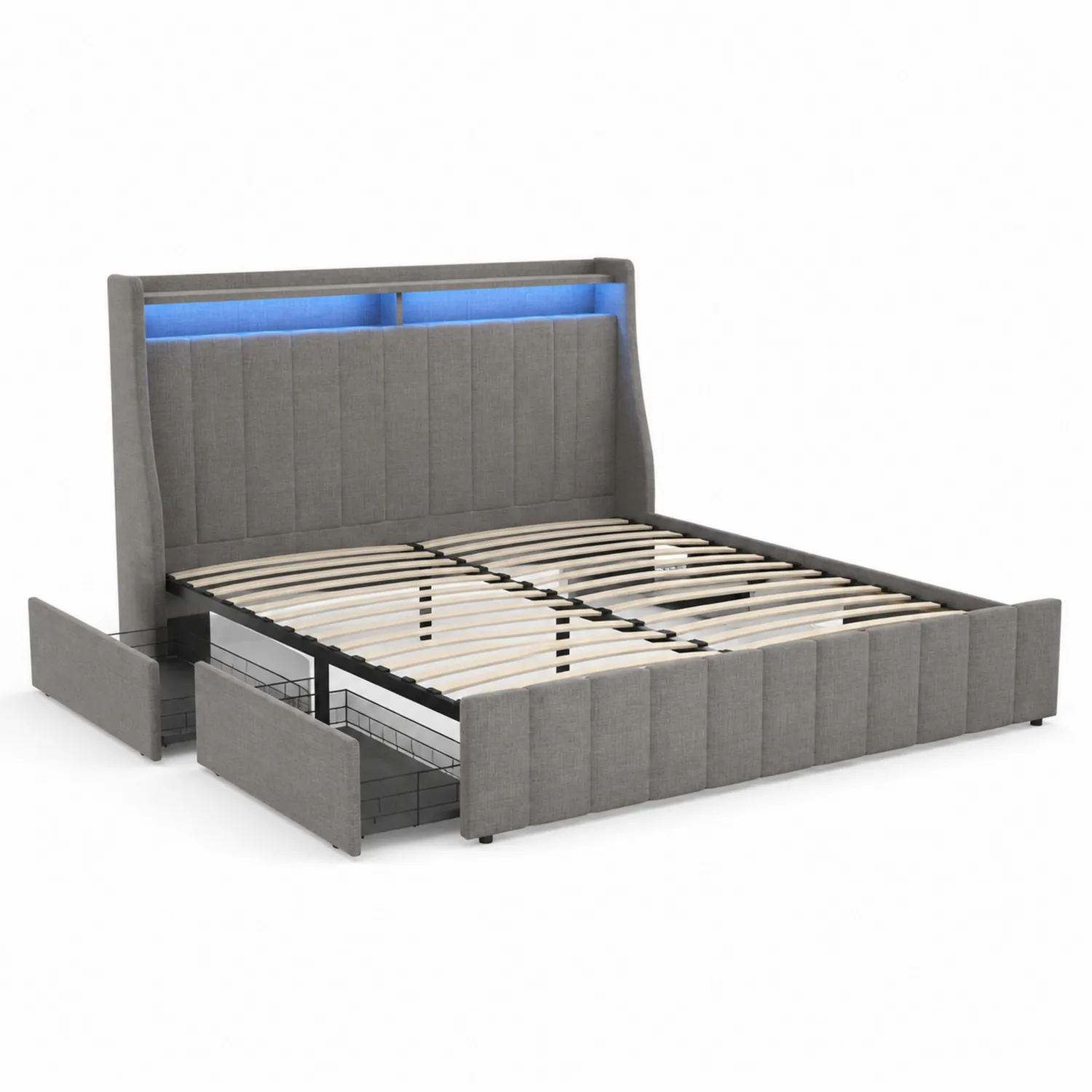 Cama de tela gris con almacenamiento y luces LED 200 cm x 160 cm-Casixorn