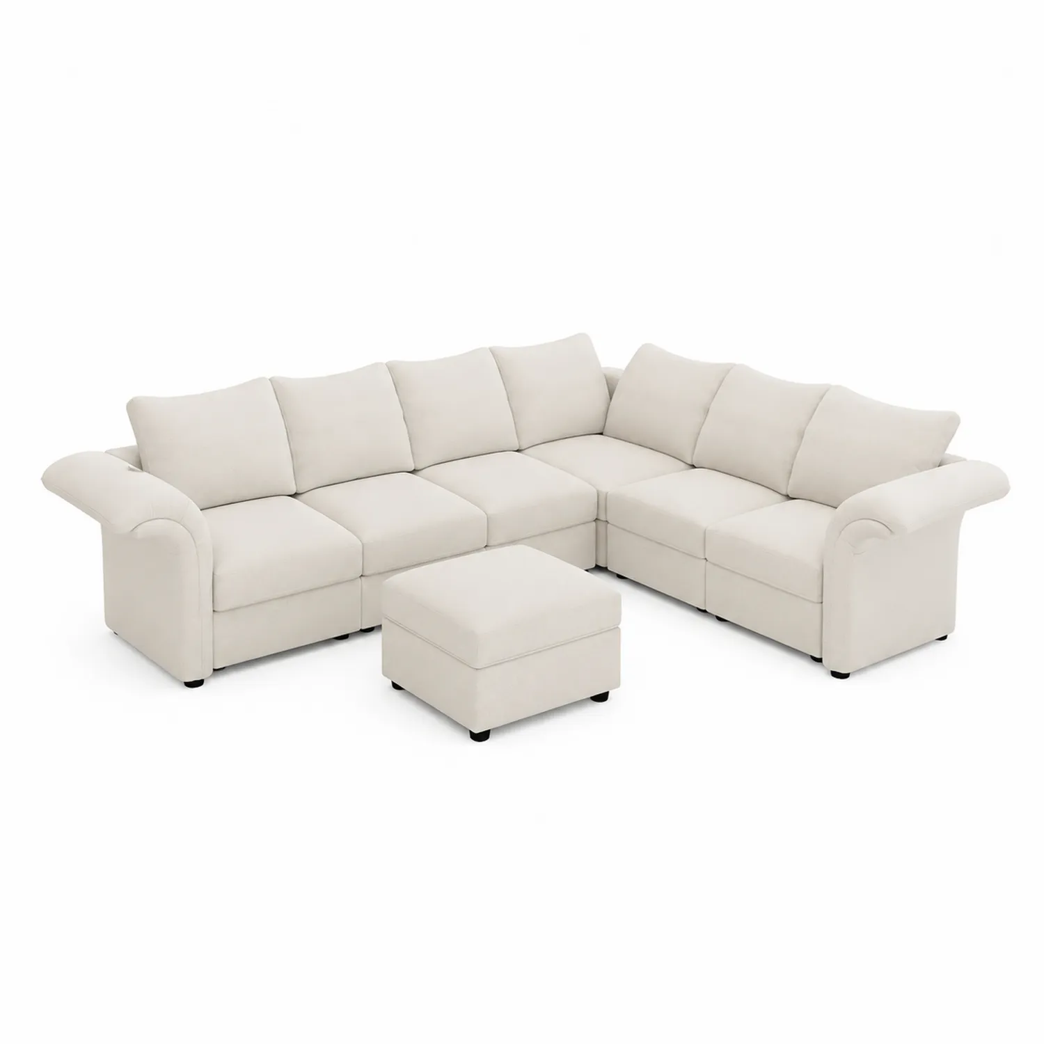Sofá modular en L de 6 plazas con otomana de tela beige-Casixorn