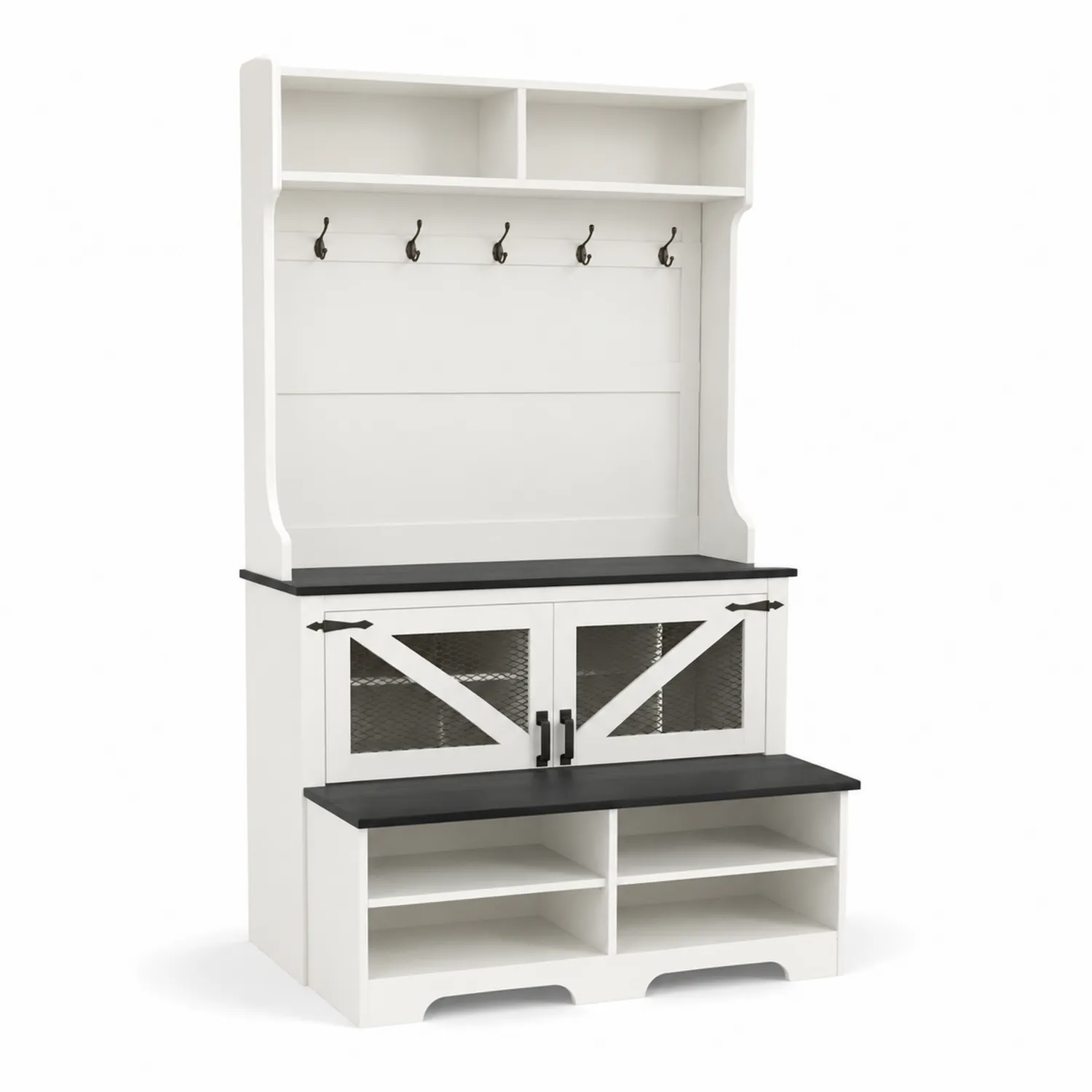 Perchero con Banco y Almacenamiento de MDF en Blanco y Negro-Casixorn