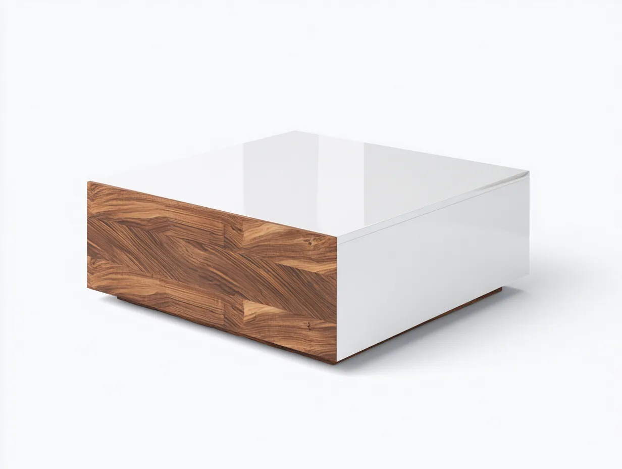 Mesa de centro 100x100x36 cm - blanco - madera lacada y nogal - para salón - con volumen arquitectónico