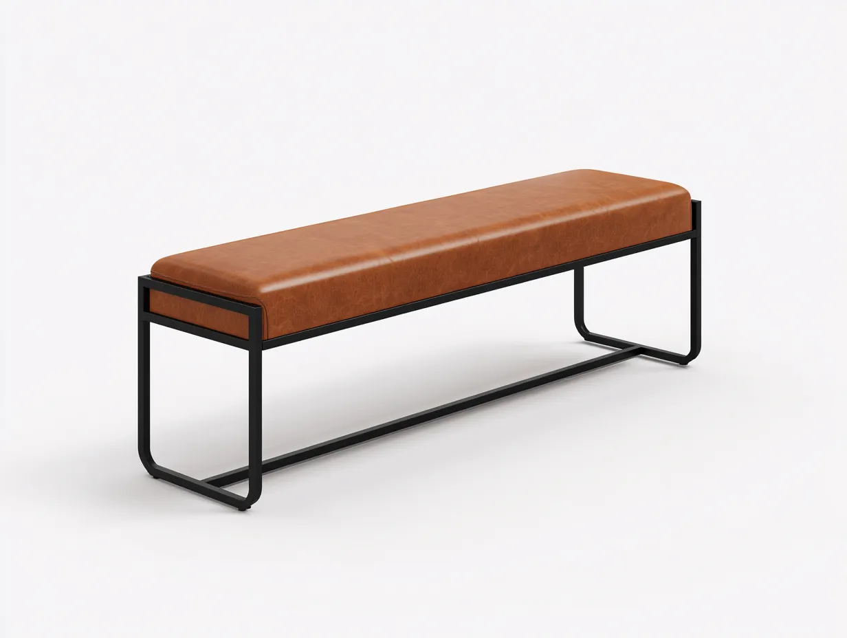Banco 145x40x46 cm - símil piel coñac - con estructura negra - para dormitorio